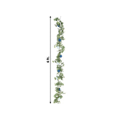 6ft Artificial Eucalyptus Garland with Royal Blue/Light Blue Silk Roses – Faux Greenery Vine