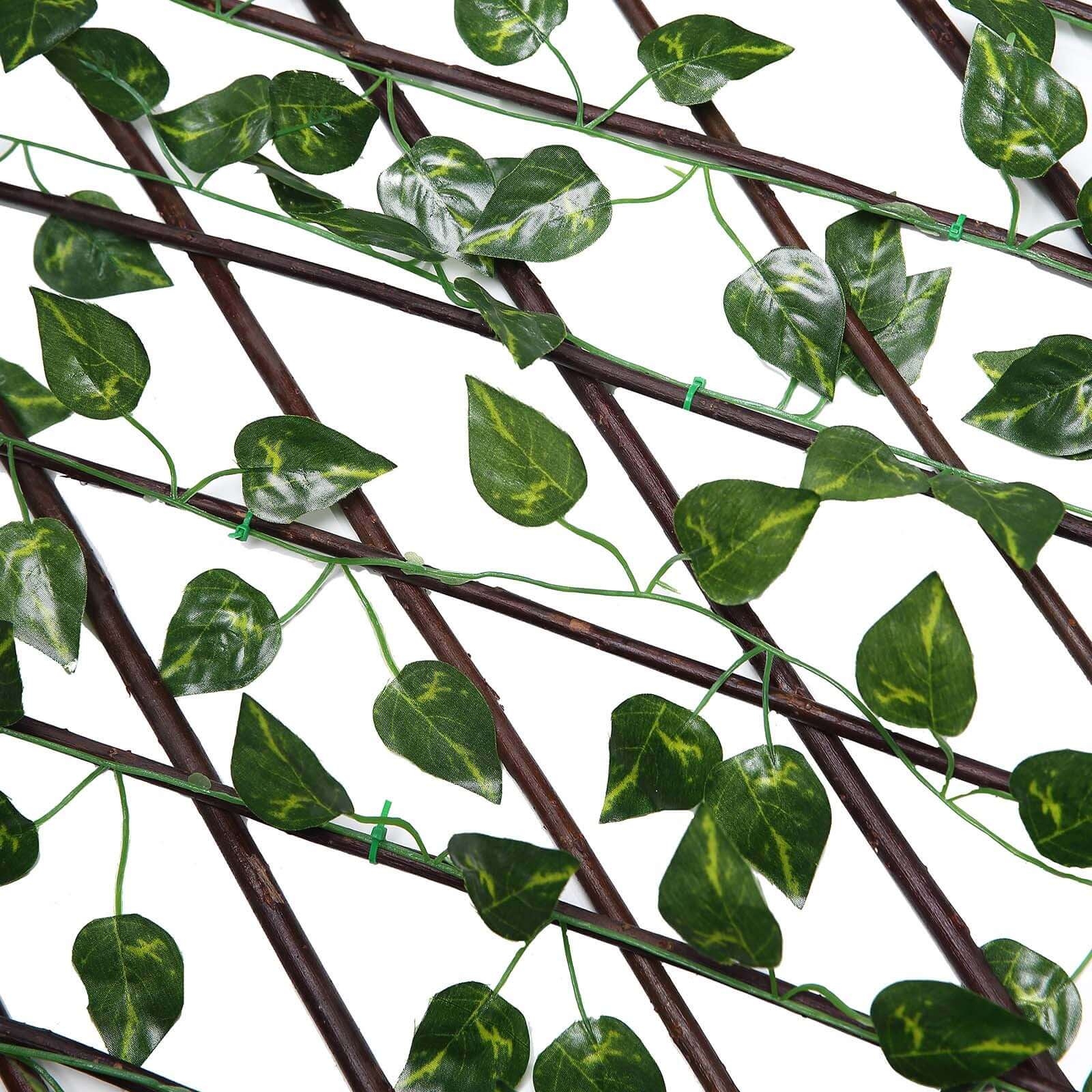 17"x95" Expandable Wooden Lattice Fence With Artificial Ivy Leaf Trellis Vines, Accordion Backdrop Fencing
