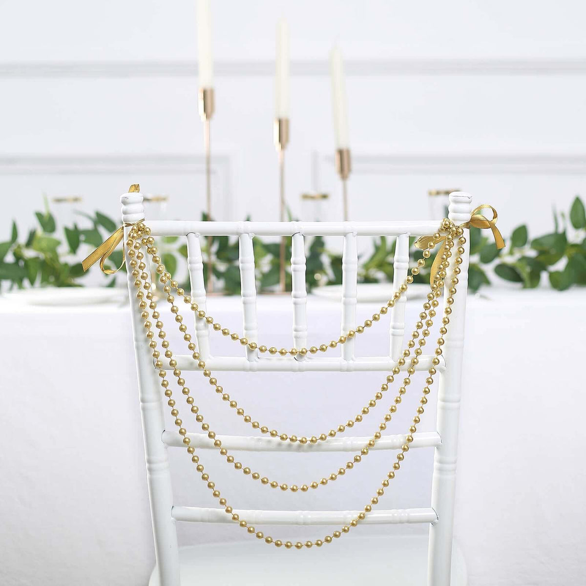 Faux Pearl Beaded 16" Chair Back Garland Sash Gold Gatsby-Inspired Style - Pre-Tied Chic Wedding Decor for Chiavari Chairs