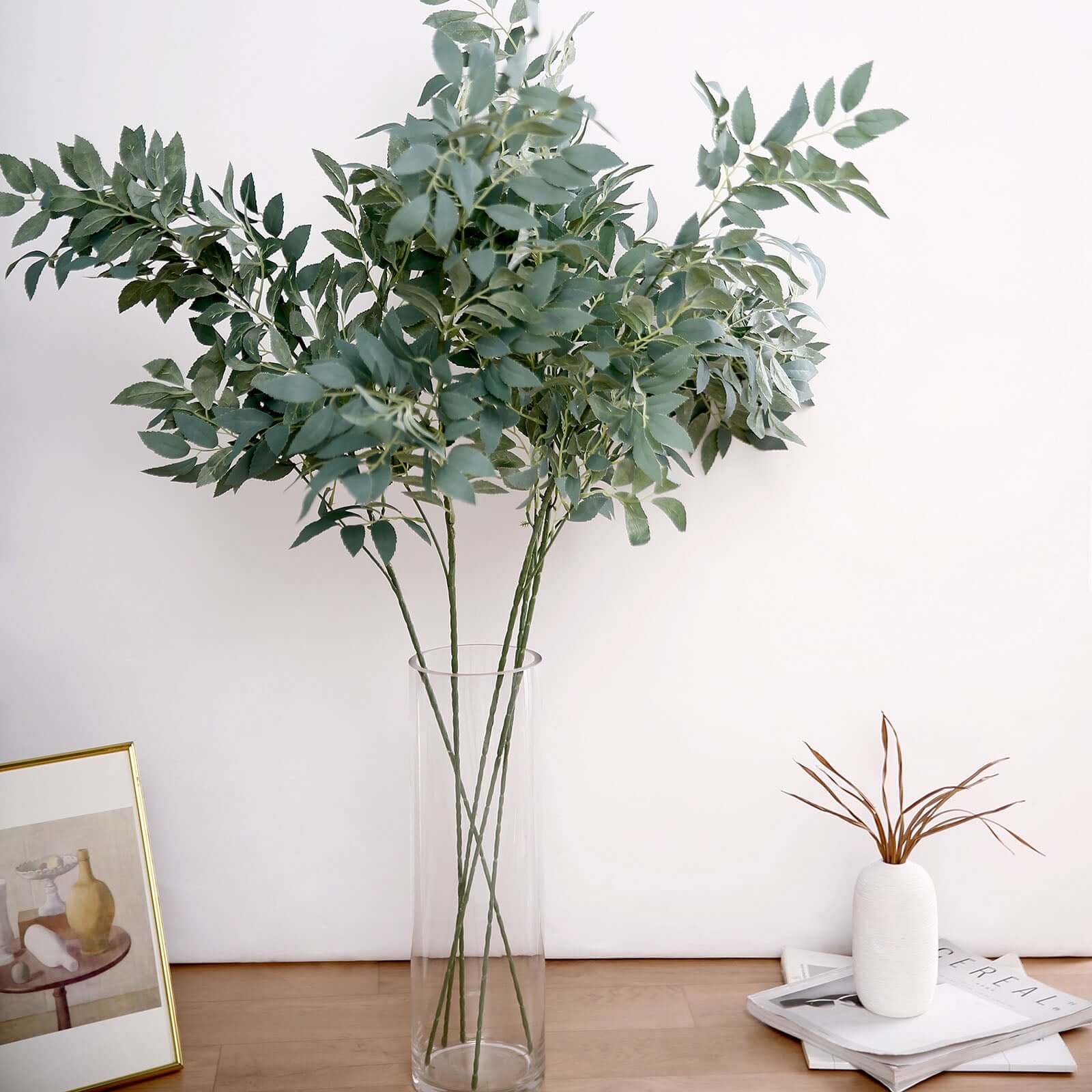2 Bushes 42" Tall Frosted Green Artificial Silk Beech Leaf Branches, Faux Plant Stem Vase Fillers