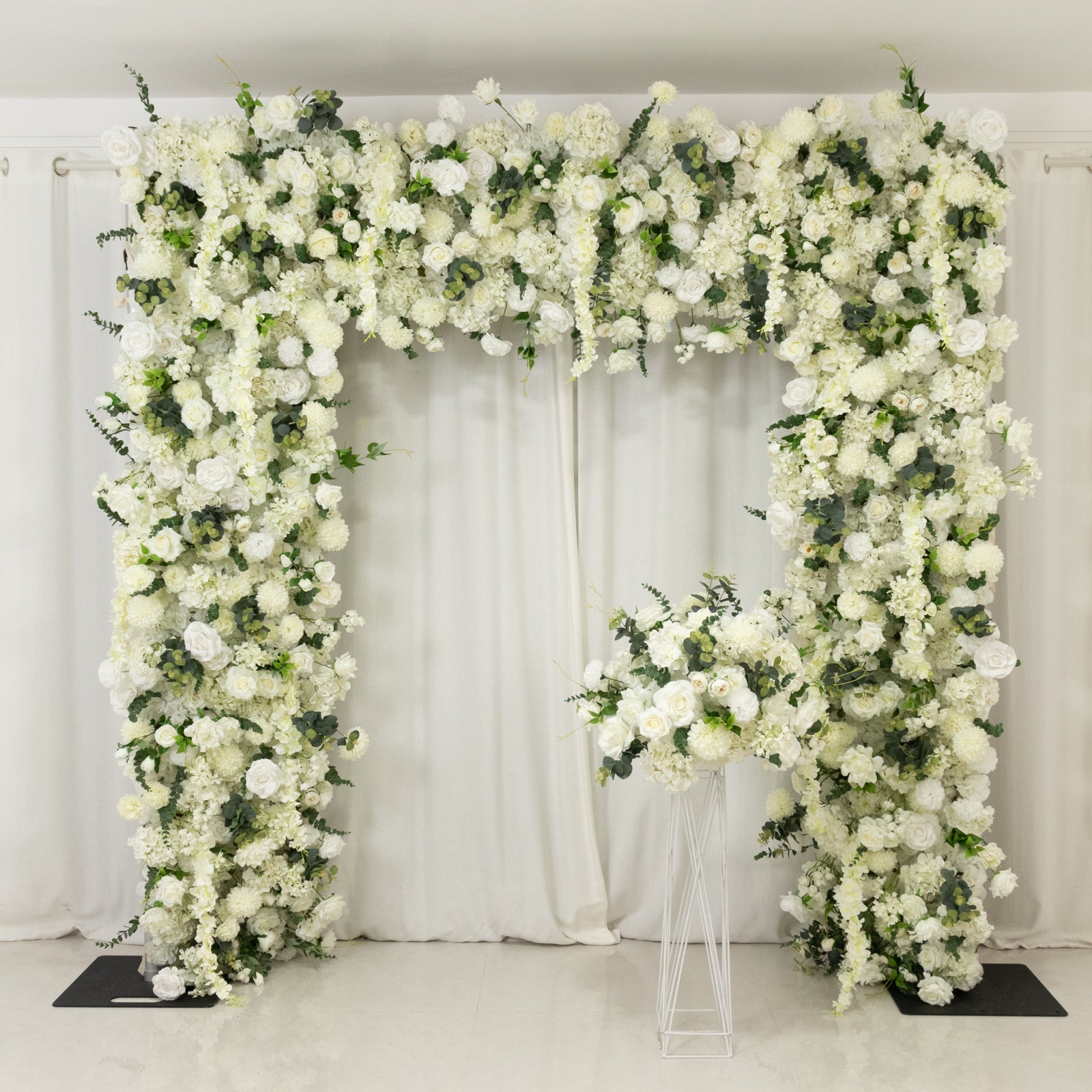 8ftx8ft Roll Up Flower Backdrop for Arch Stand, White with Fabric Backing - Artificial Silk Roses, Hydrangeas & Chrysanthemums for Weddings