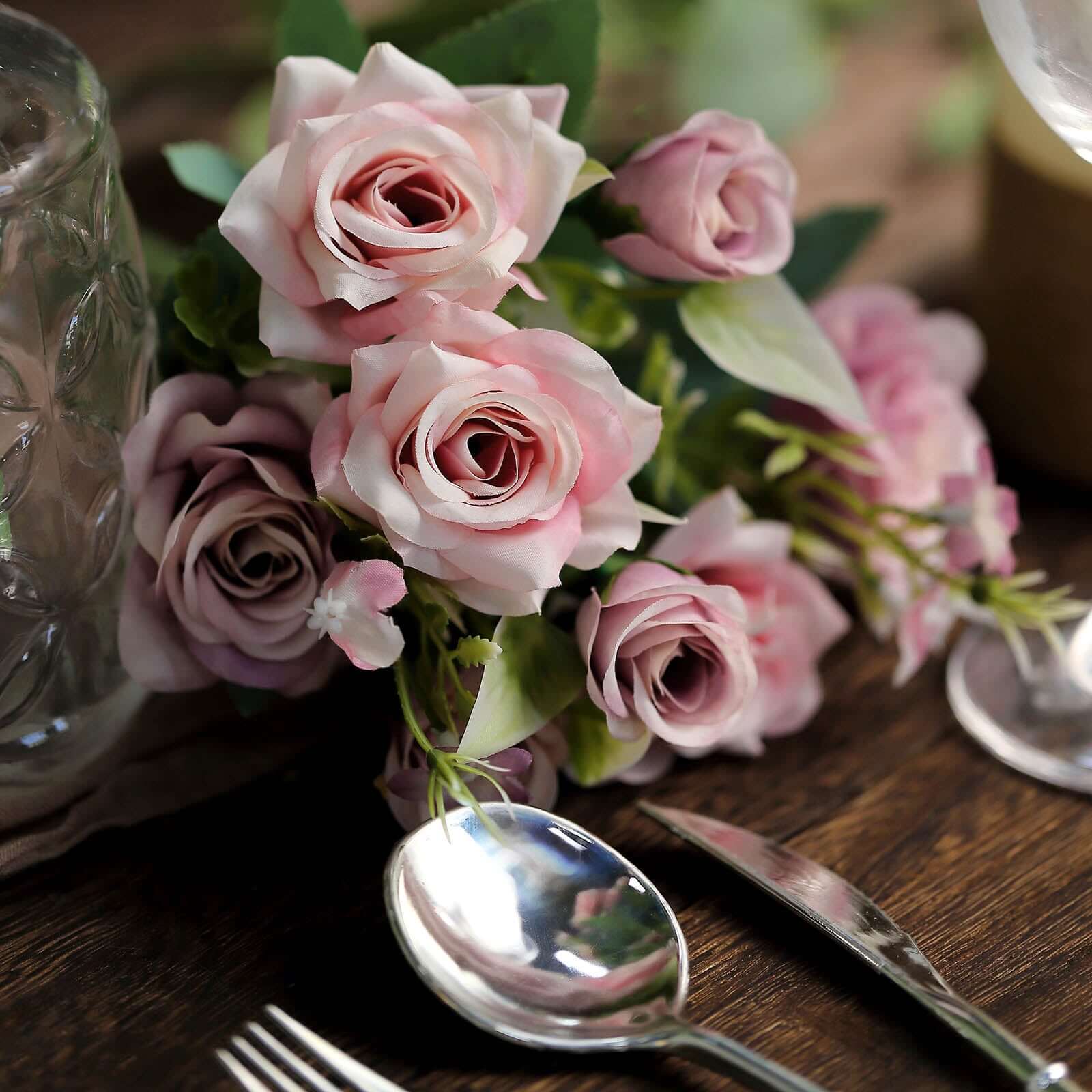 4 Bushes 12" Dusty Rose Real Touch Artificial Silk Rose Flower Bouquet, Faux Bridal Flowers