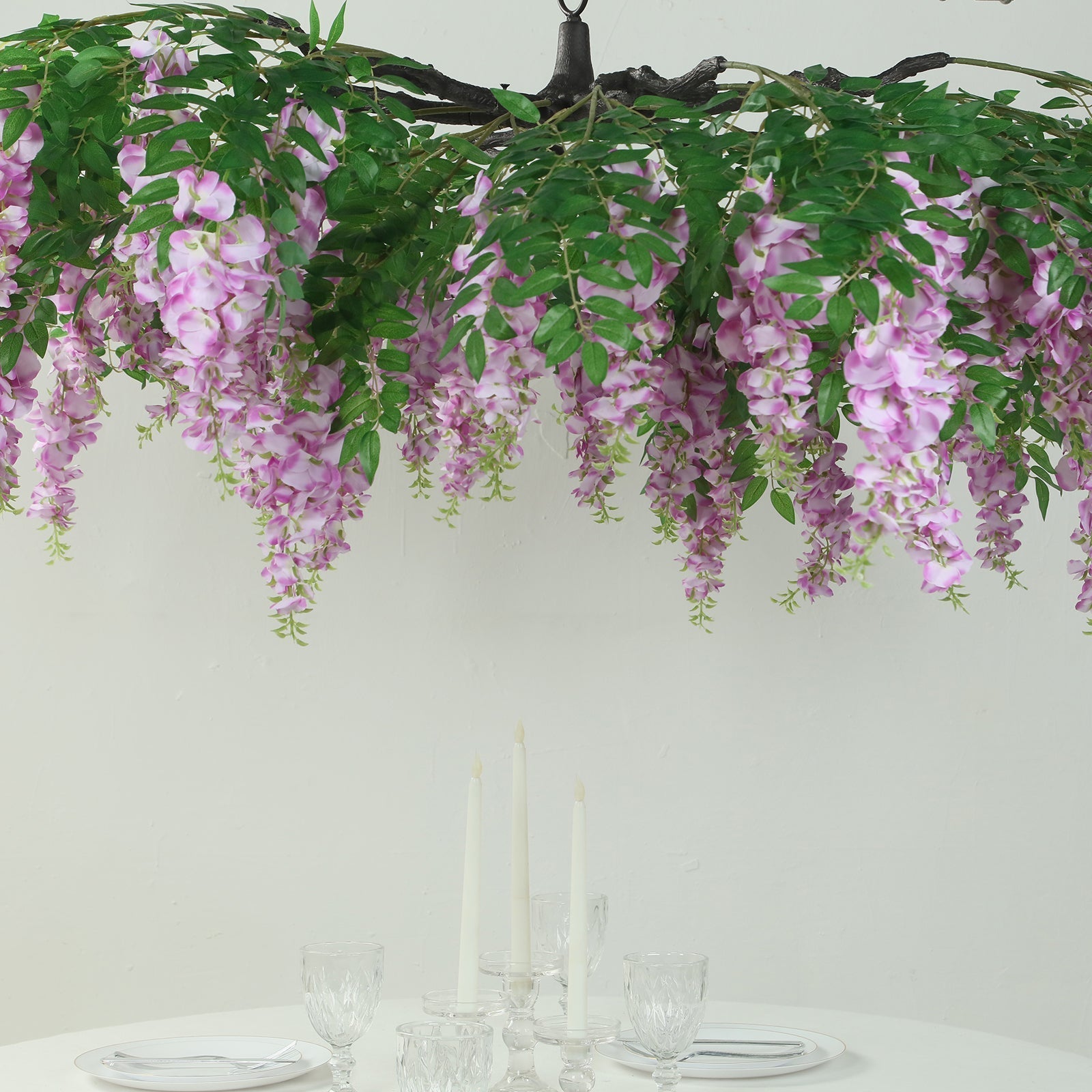 55" Artificial Silk Wisteria Vine Round Hanging Canopy in Lavender Lilac, Draping Garland Flower Chandelier With Interchangeable Branches