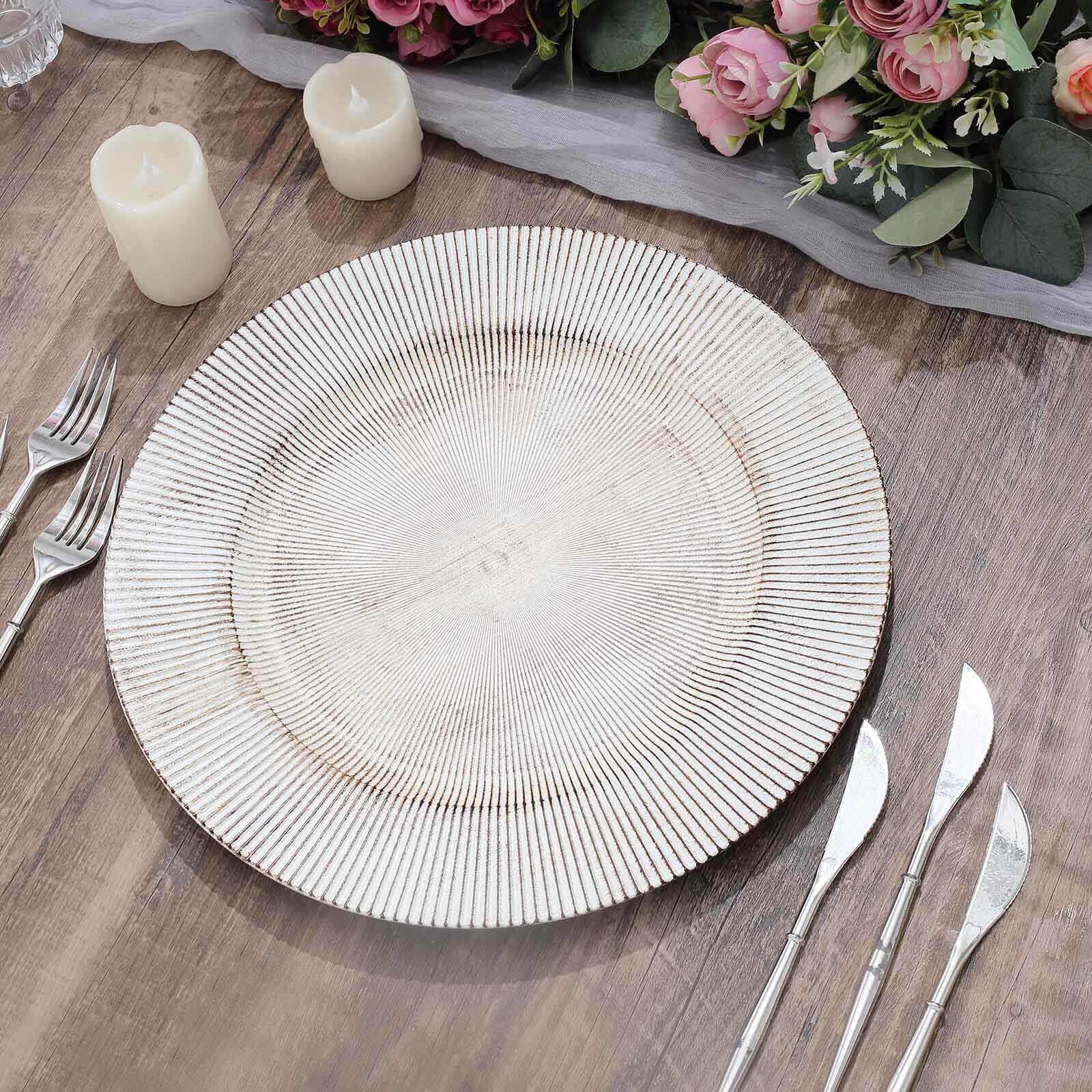 6-Pack Faux Wood Round Charger Plates 13" White Washed with Embossed Sunray Pattern, Chic Plastic Decorative Chargers