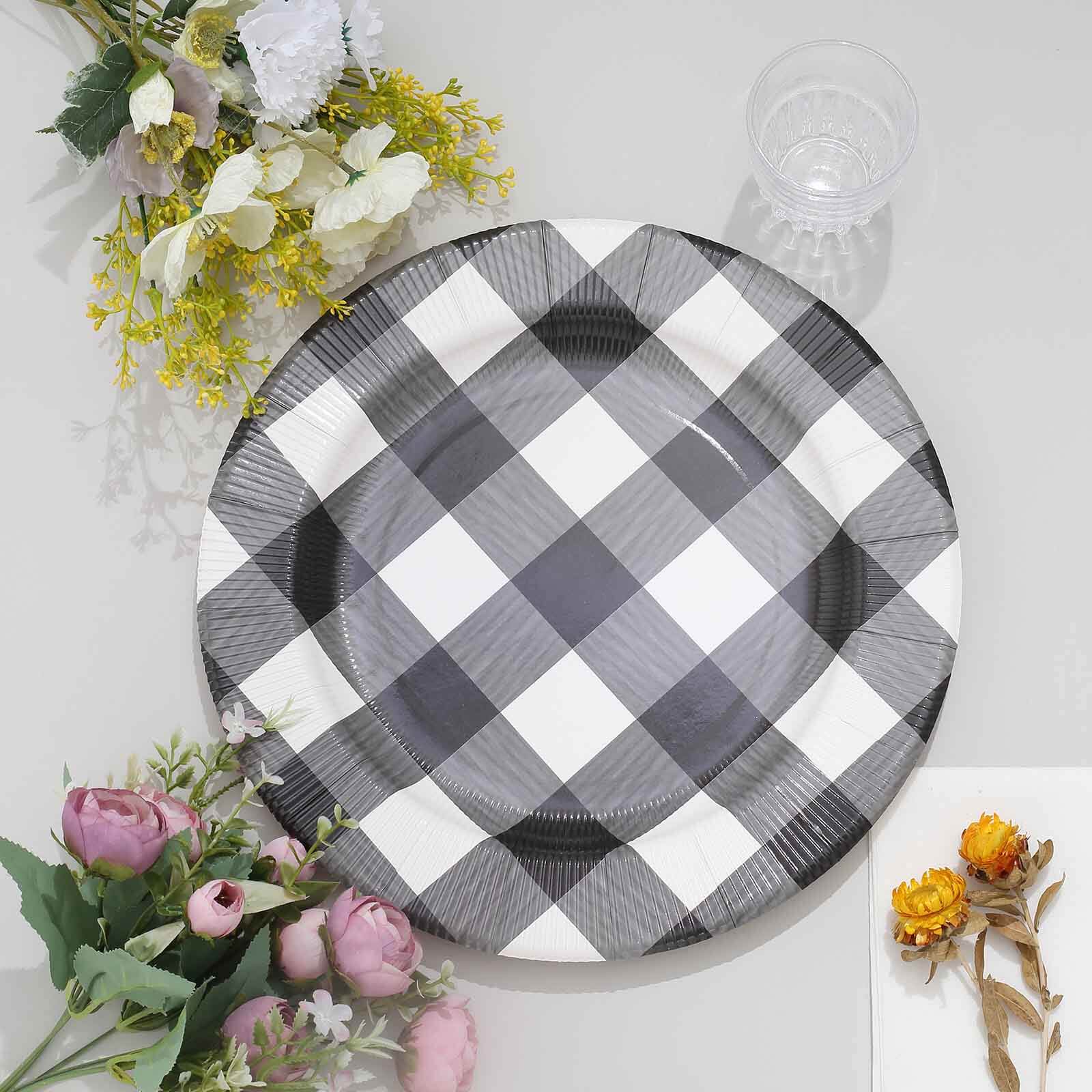 10-Pack Disposable Paper Charger Plates – Black/White Buffalo Plaid 13" Round Table Chargers, 350 GSM Cardstock