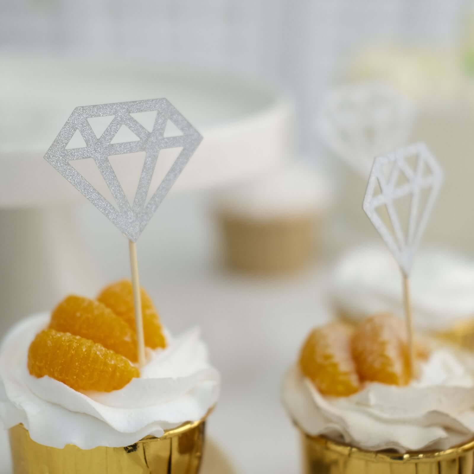 24-Pack Cupcake Toppers Diamond Ring Design Glitter Silver - Party Cake Picks Engagement Decoration Supplies