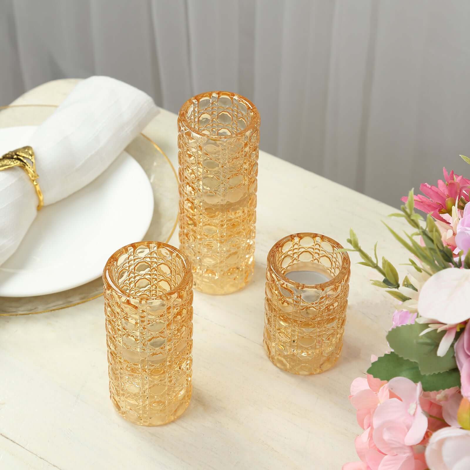 Set of 3 Glass Taper Candle Holders Amber Gold with Gemstone Pattern - Dual Sided Crystal Cylinder Tealight Stands 3", 4", 5.5"