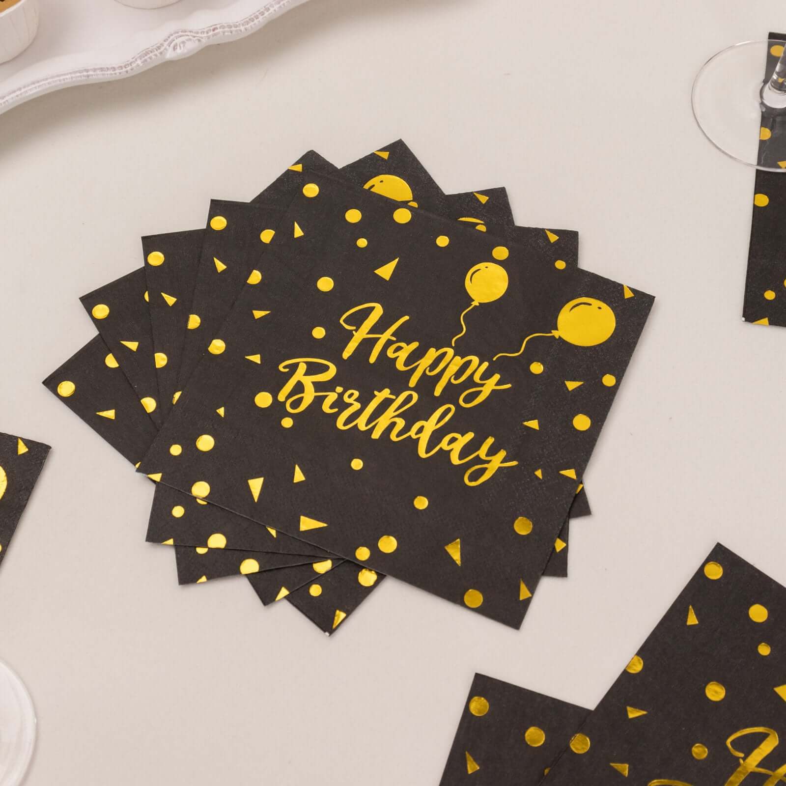 20-Pack Paper Beverage Napkins with Happy Birthday Foil Print Black/Gold - 2 Ply Disposable 18GSM Soft Party Napkins 6.5"x6.5"