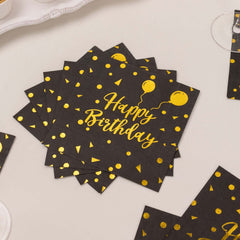 20-Pack Paper Beverage Napkins with Happy Birthday Foil Print Black/Gold - 2 Ply Disposable 18GSM Soft Party Napkins 6.5"x6.5"