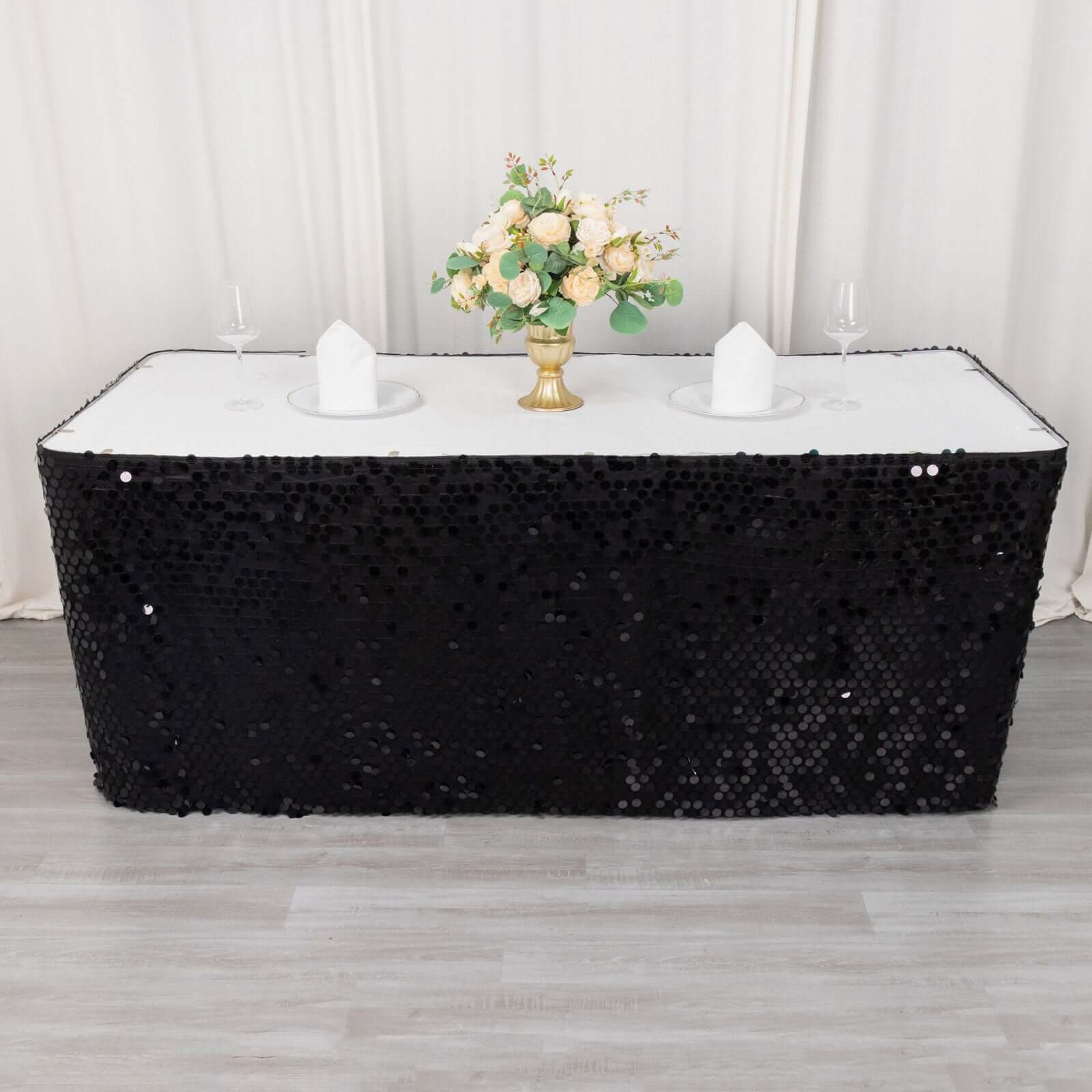 Payette Sequin 21ft Table Skirt Black - Dual Layered Satin Table Cover