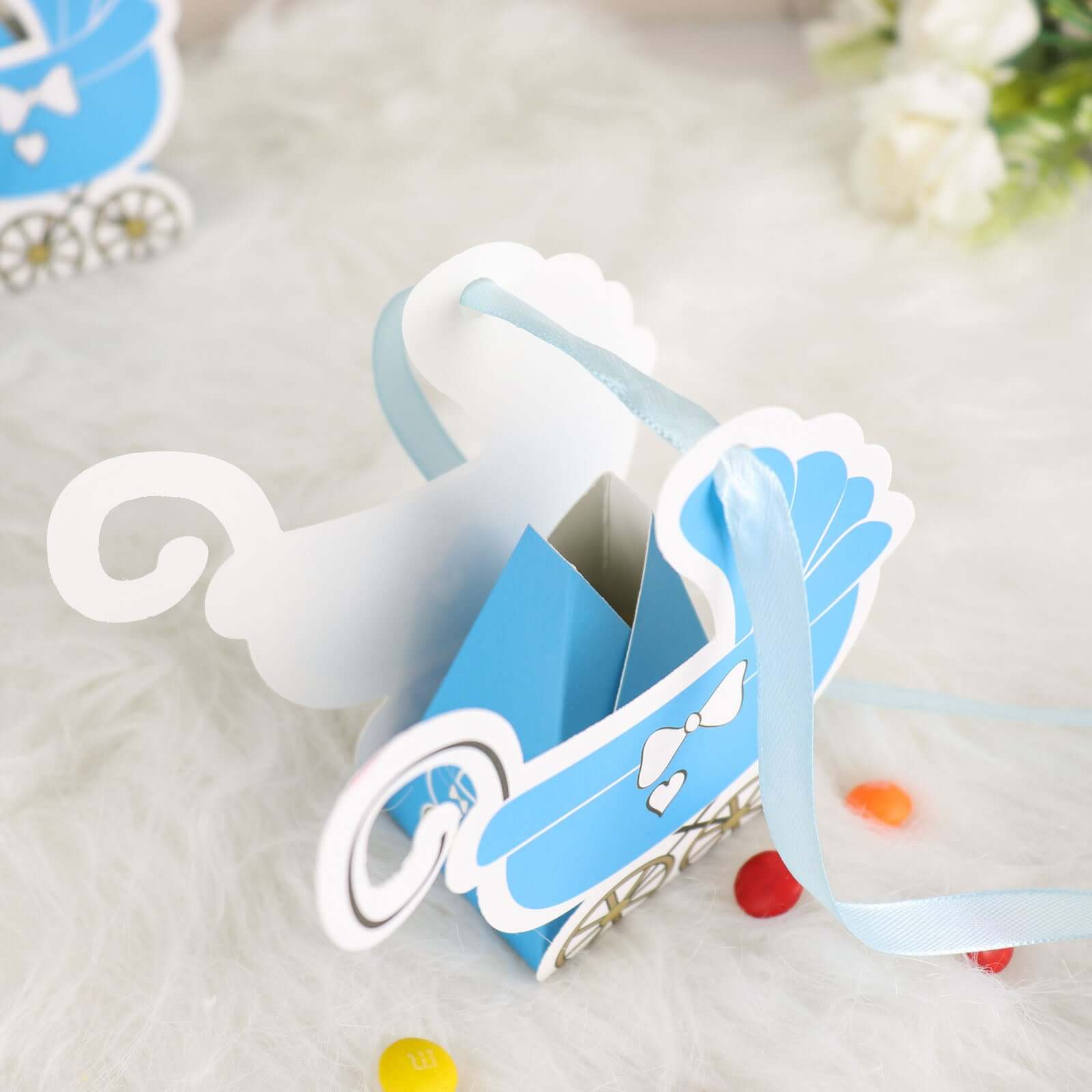 25 Pack Light Blue Baby Paper Stroller Party Favor Gift Boxes, Cardstock Carriage Candy Boxes with Ribbon Ties - 4.5"x2"x4"