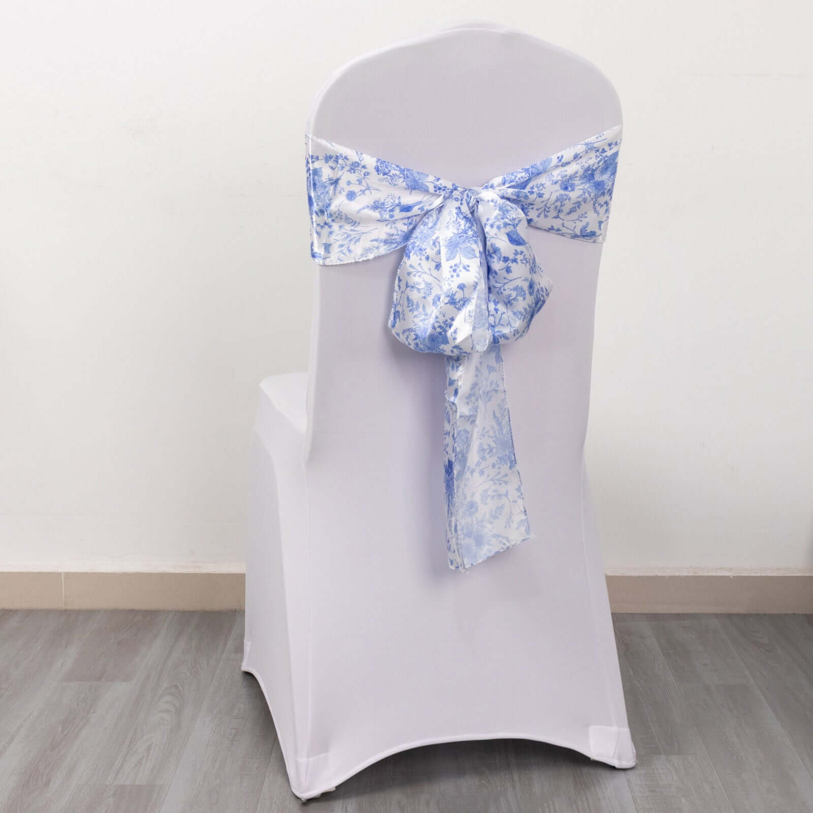 5 Pack Satin Chair Sashes White/Blue French Toile Floral Pattern - Wrinkle-Resistant & Reusable Chair Bows for Effortless Event Setup 6"x108"