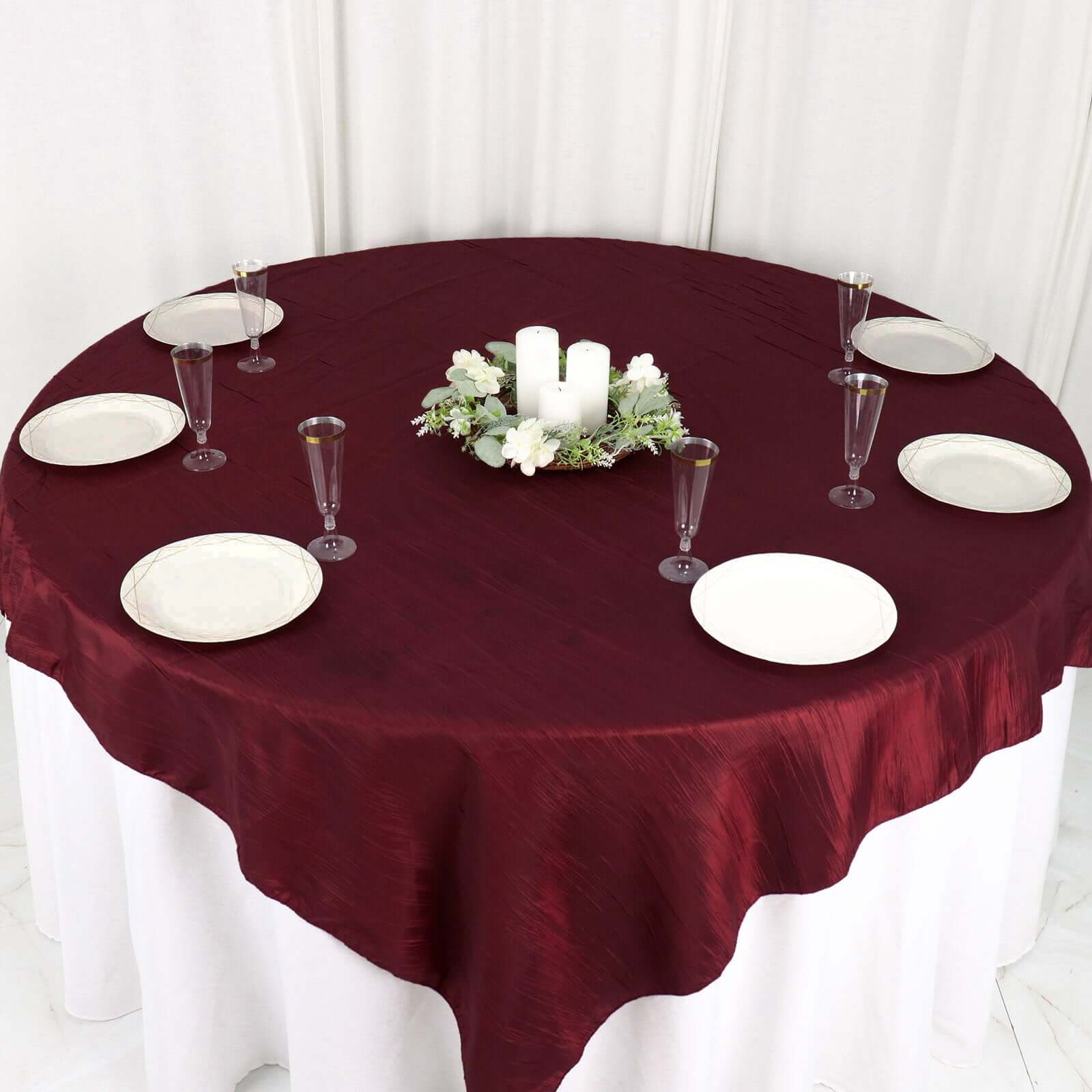 Taffeta 72"x72" Table Overlay Square Tablecloth Burgundy - Accordion Crinkle Table Cover