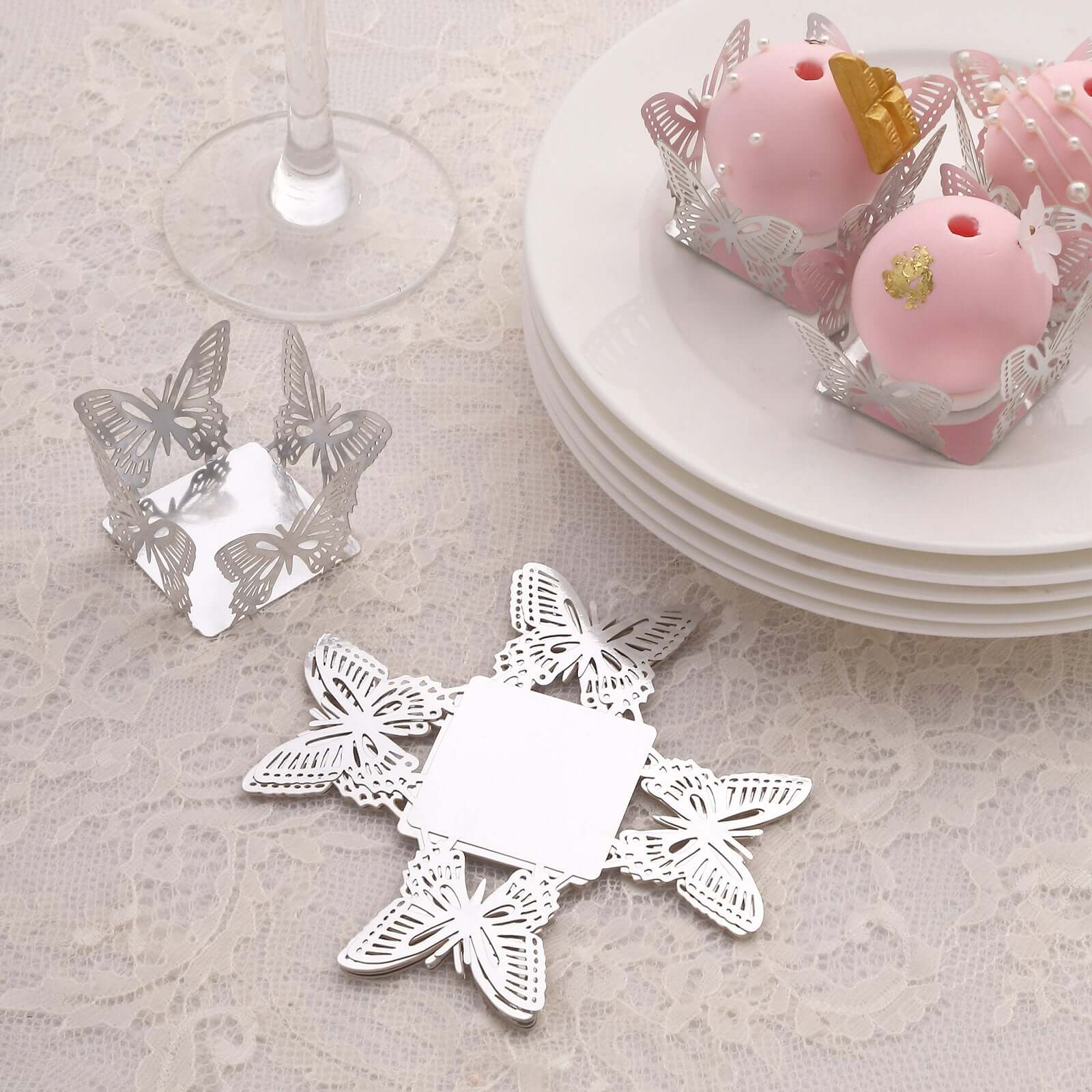 50-Pack Mini Paper Truffle Cup Liners Butterfly Square Design Metallic Silver - 225GSM Cupcake Tray Wrappers 4"