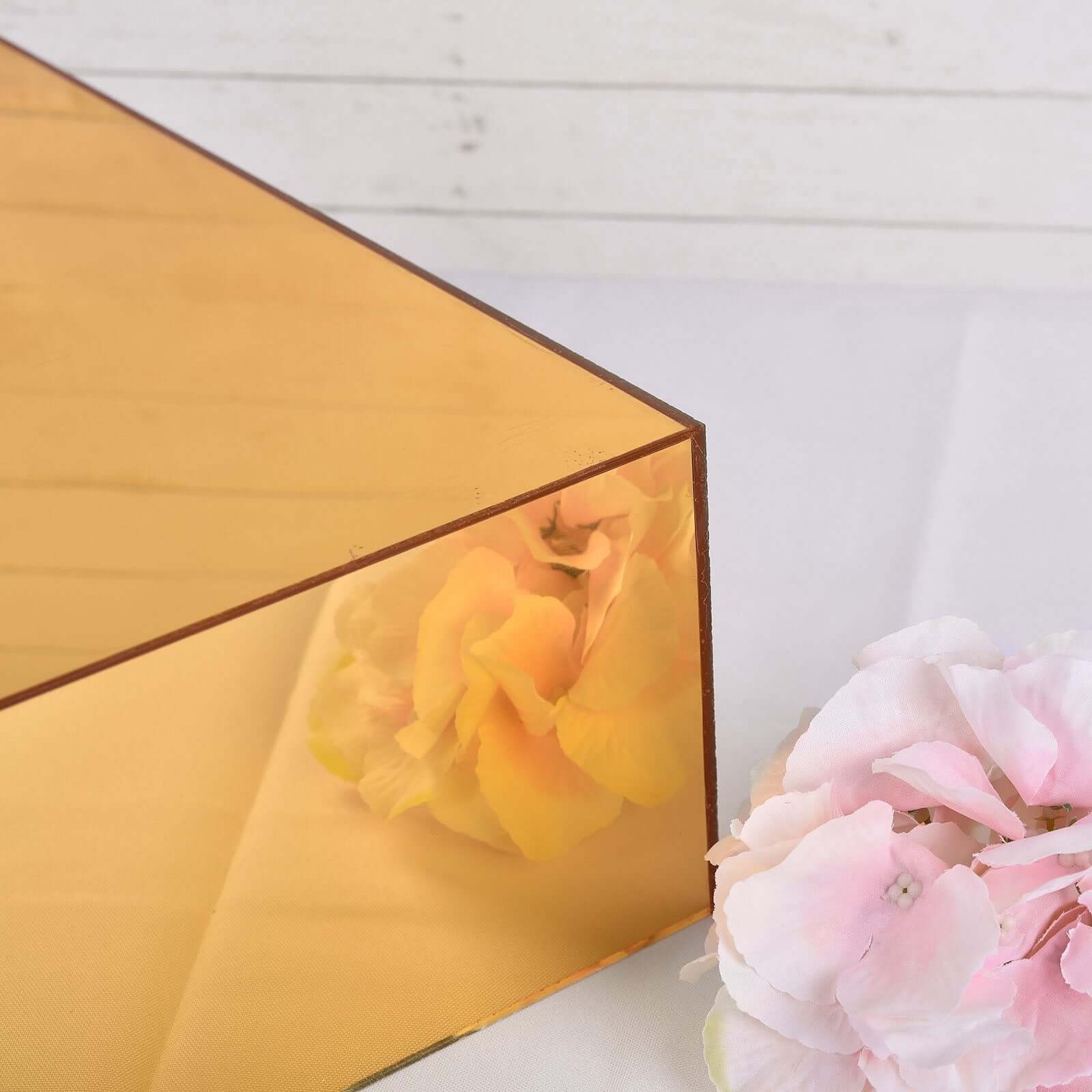 Acrylic Cake Box Stand Pedestal Riser Mirror Finish Gold - Display for Desserts and Events 14"x14"