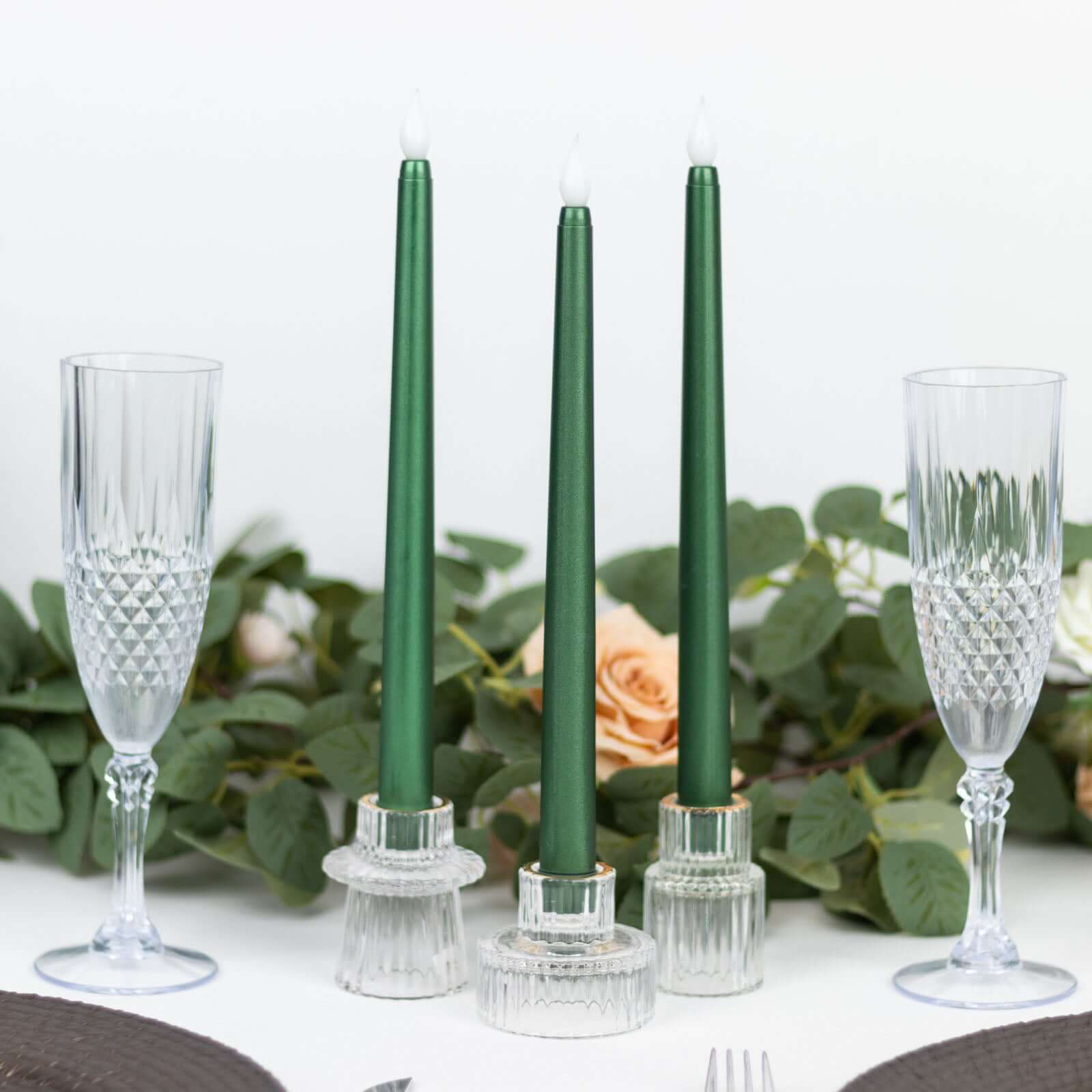 3-Pack LED Decorative Lighting Warm Flickering Hunter Emerald Green - Flameless Taper Candles 11"