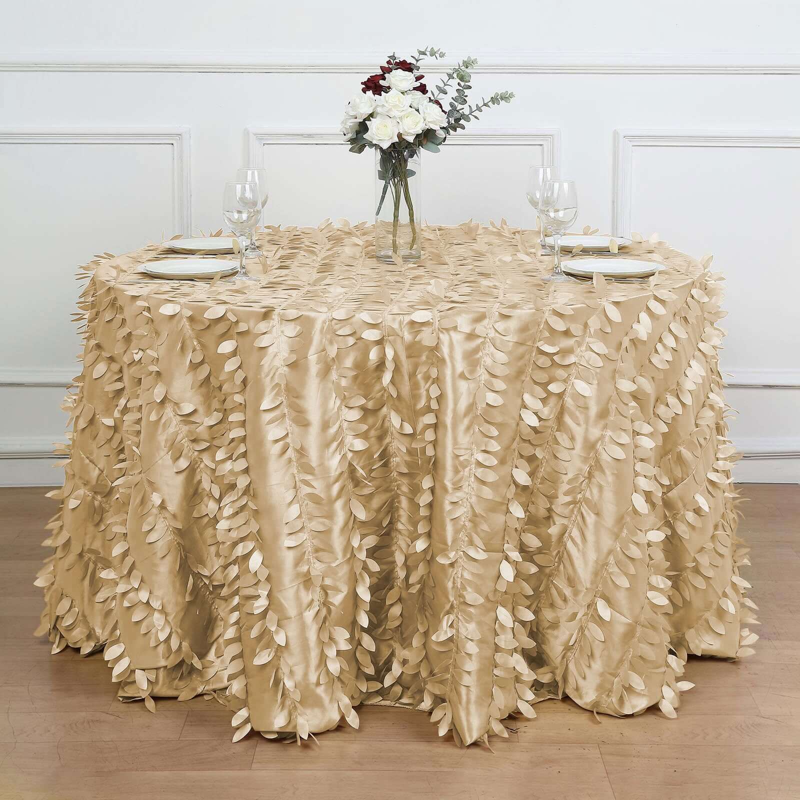 Taffeta 120" Round Tablecloth Champagne | 3D Leaf Petal Design Seamless Table Cover