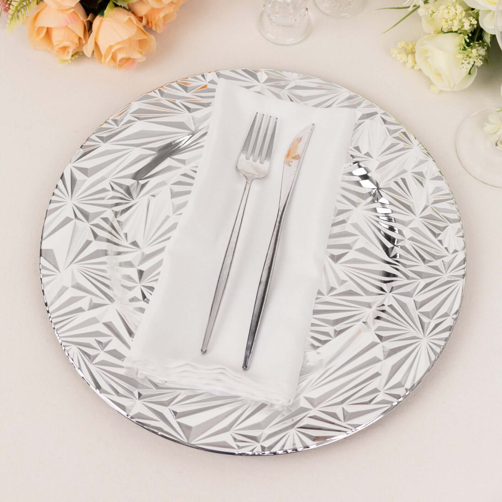 6-Pack Acrylic Round Charger Plates 13" in Metallic Silver with Rock Cut Design, Durable Plastic Dinner Charger Tableware