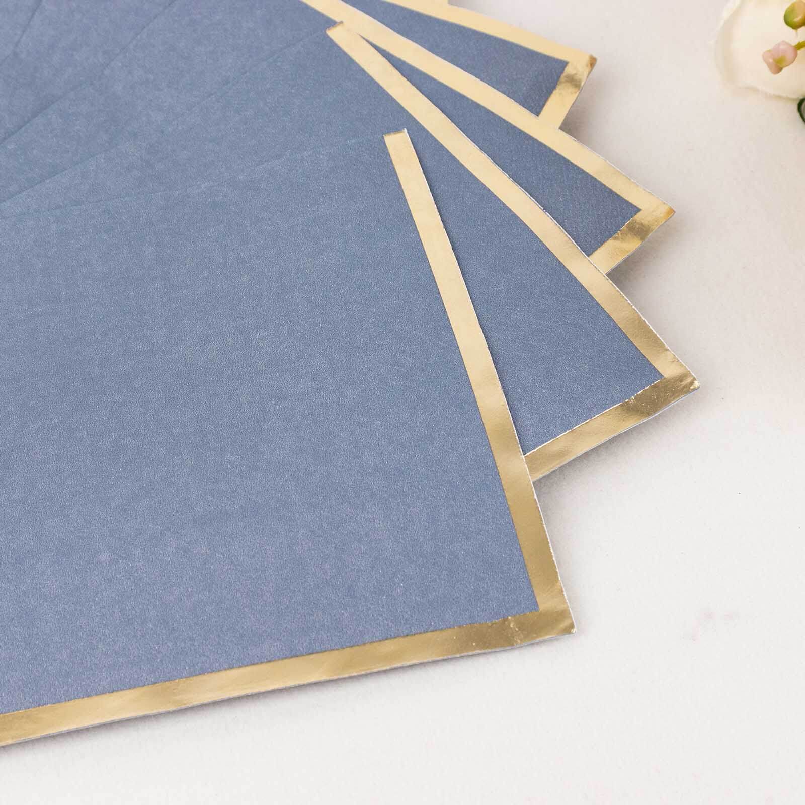 50-Pack Paper Beverage Napkins with Gold Foil Edge Dusty Blue - Disposable 2 Ply Cocktail Napkins for Events 6.5"x6.5"