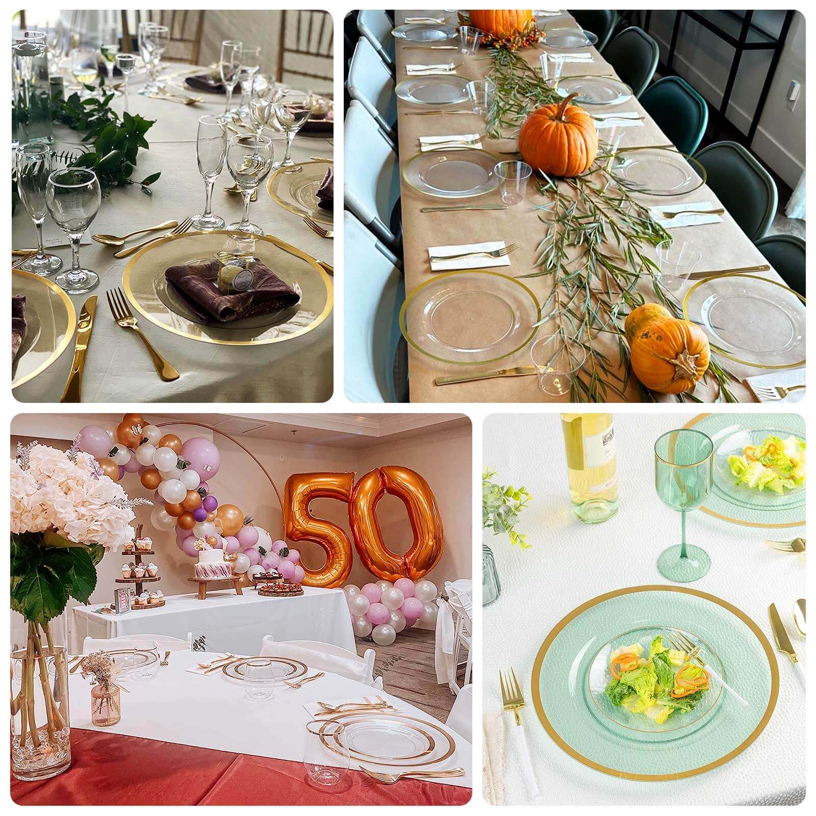 10-Pack Economy Plastic Round Charger Plates 12" in Clear with Wide Gold Rim, Decorative Dinner Party Serving Plates