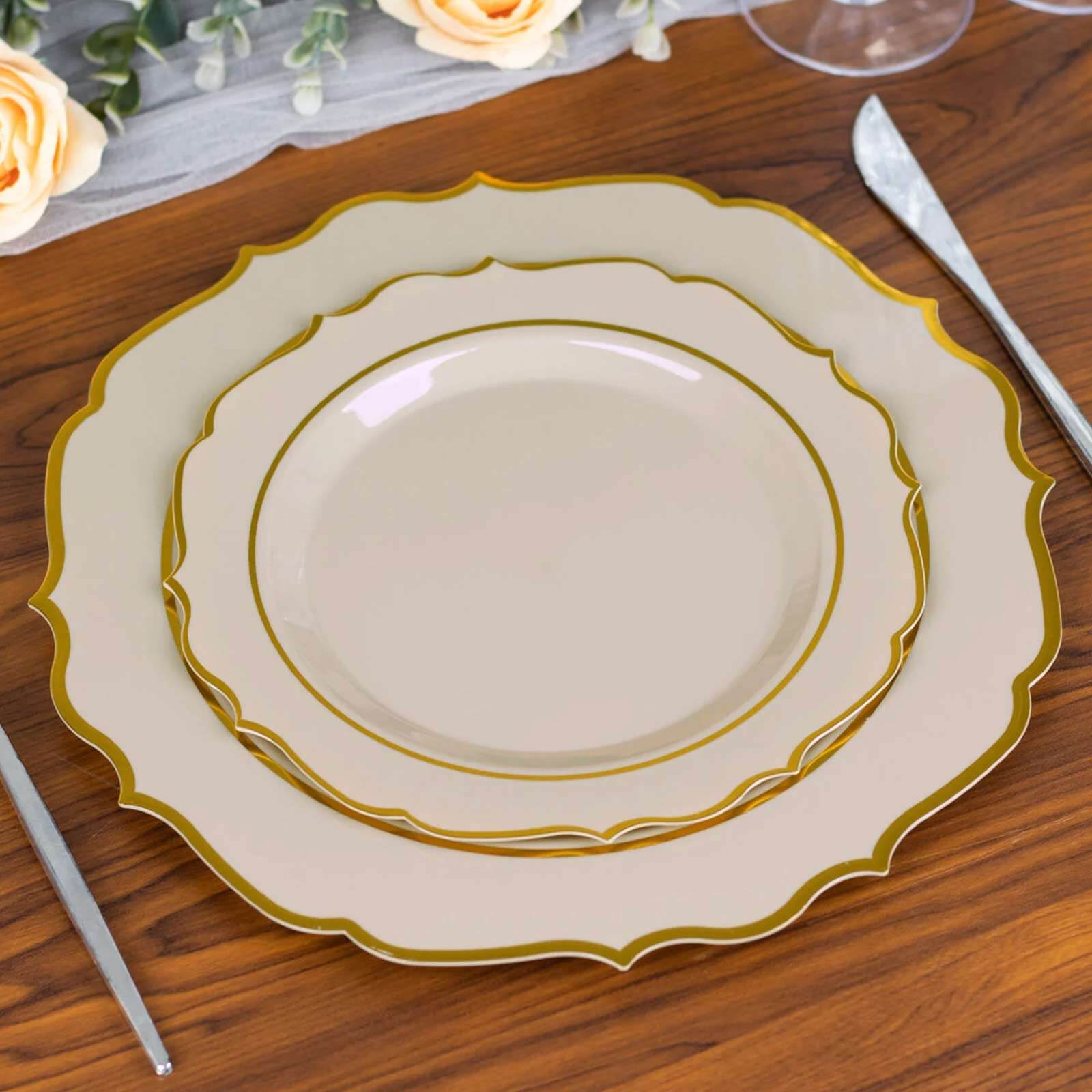 10-Pack Plastic 8" Round Dessert Plates in Taupe with Gold Scalloped Rim - Disposable Appetizer/Salad Plates