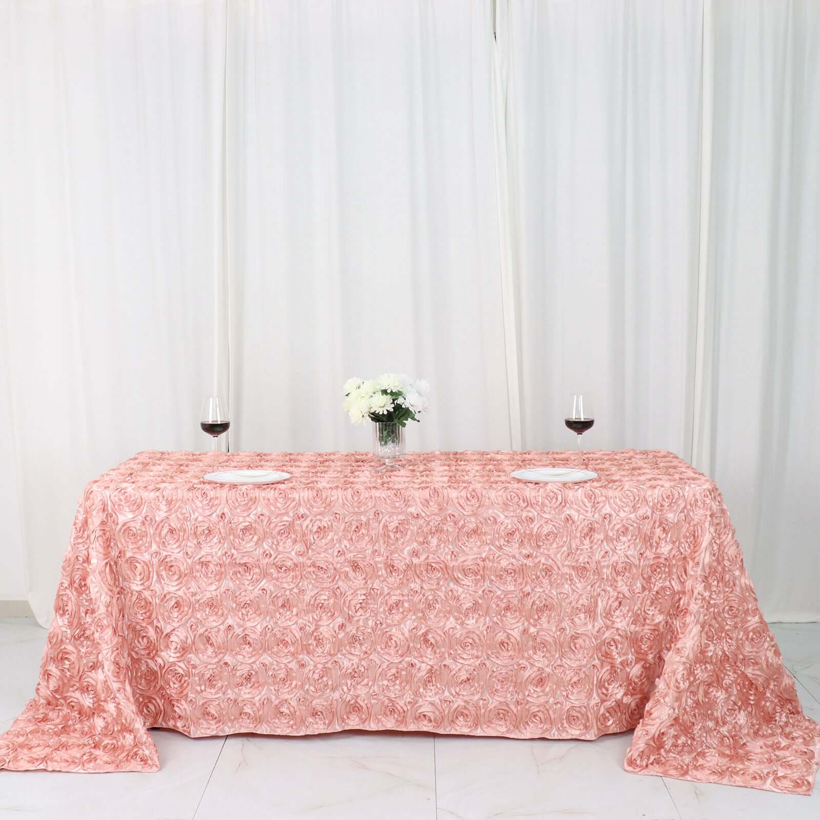 Satin 90"x132" Rectangle Tablecloth Dusty Rose - Grandiose 3D Rosette Seamless Table Cover