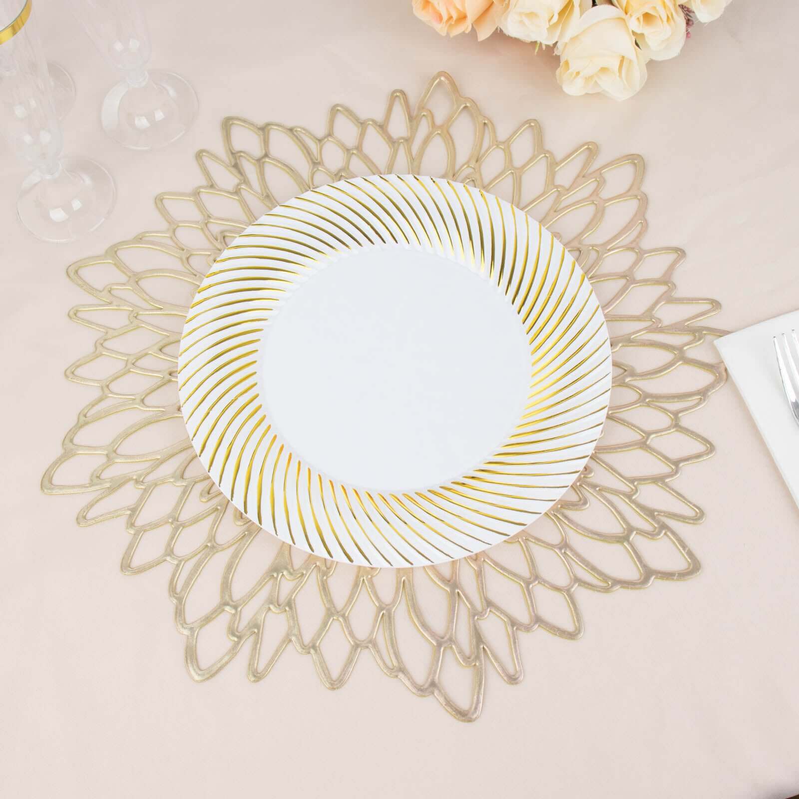 10-Pack Plastic 9" Round Dinner Plates White with Gold Swirl Rim - Disposable Party Plates