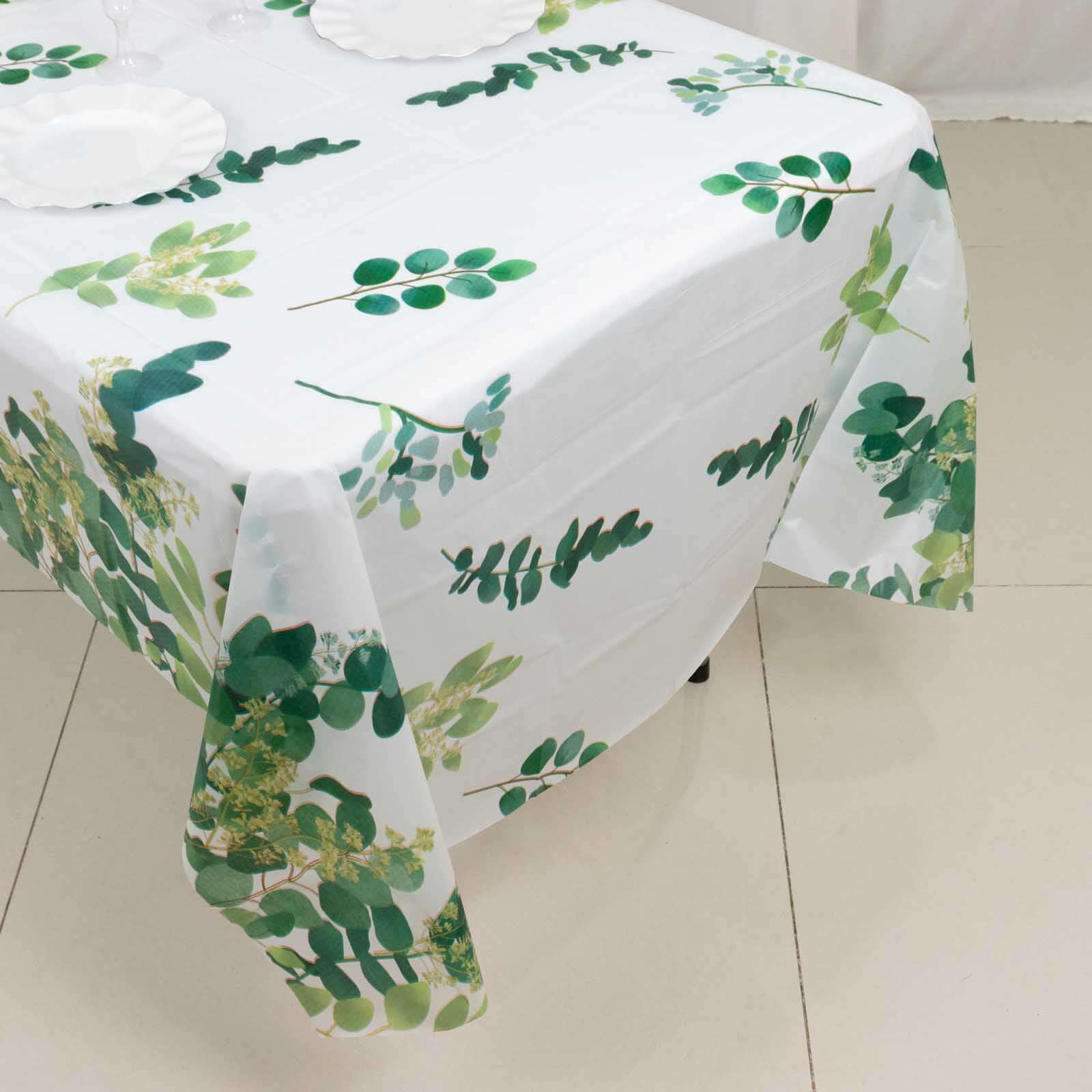 5-Pack Plastic Table Covers White/Green Rectangle with Eucalyptus Leaves Print - Decorative PVC Disposable Tablecloths 54"x108"
