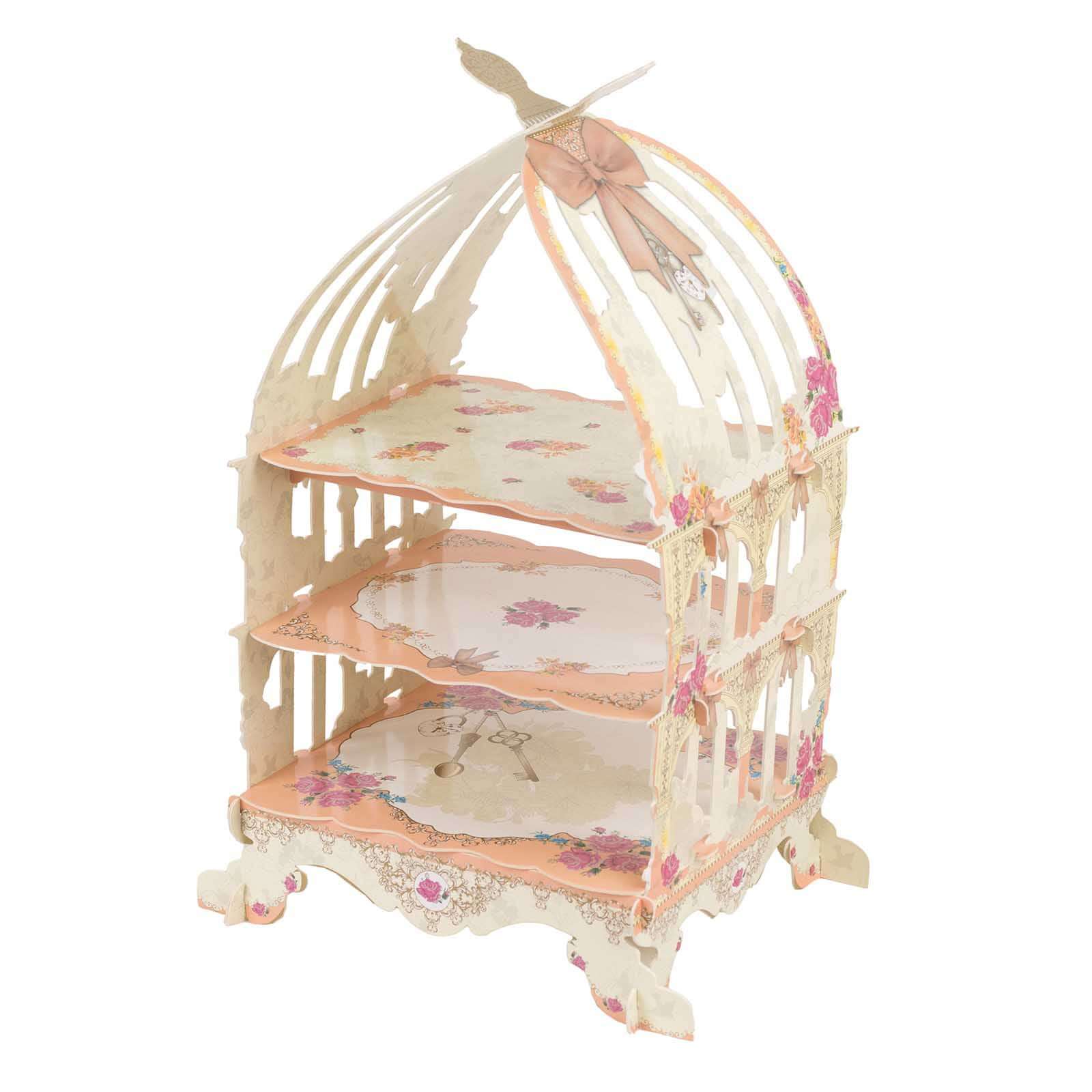 3 Tier Cardboard Cupcake Stand White/Peach Birdcage Style - Charming Reusable Cake Display Holder with Floral Print for Dessert Bars Afternoon Teas & Party Decor 18"