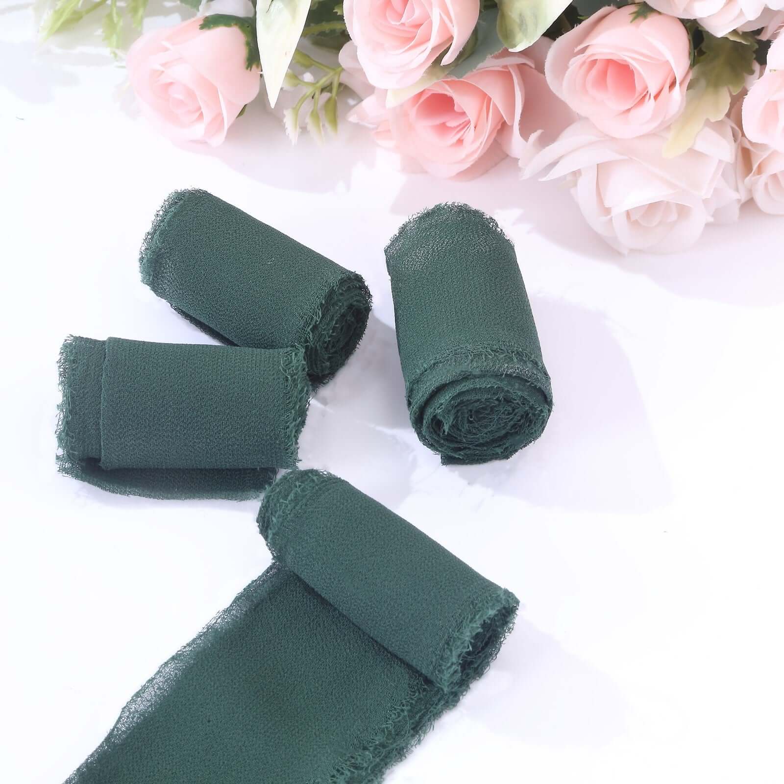 2 Pack 6yds Hunter Emerald Green Silk-Like Chiffon Ribbon Roll, DIY Wedding Bouquet Linen Wrap