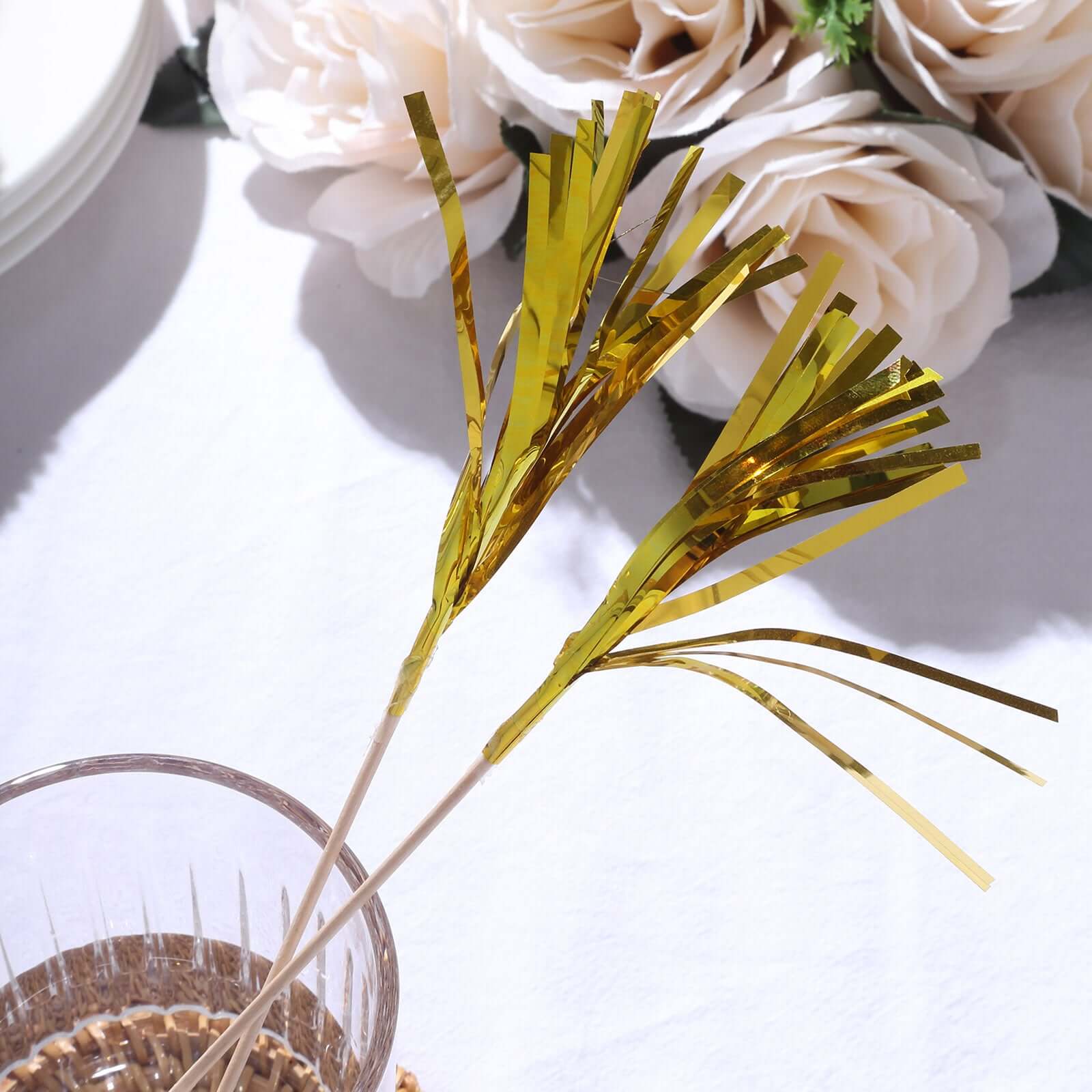 100-Pack Bamboo Cocktail Sticks Firework Cupcake Toppers Gold - Festive Foil Frills Food Picks 9"