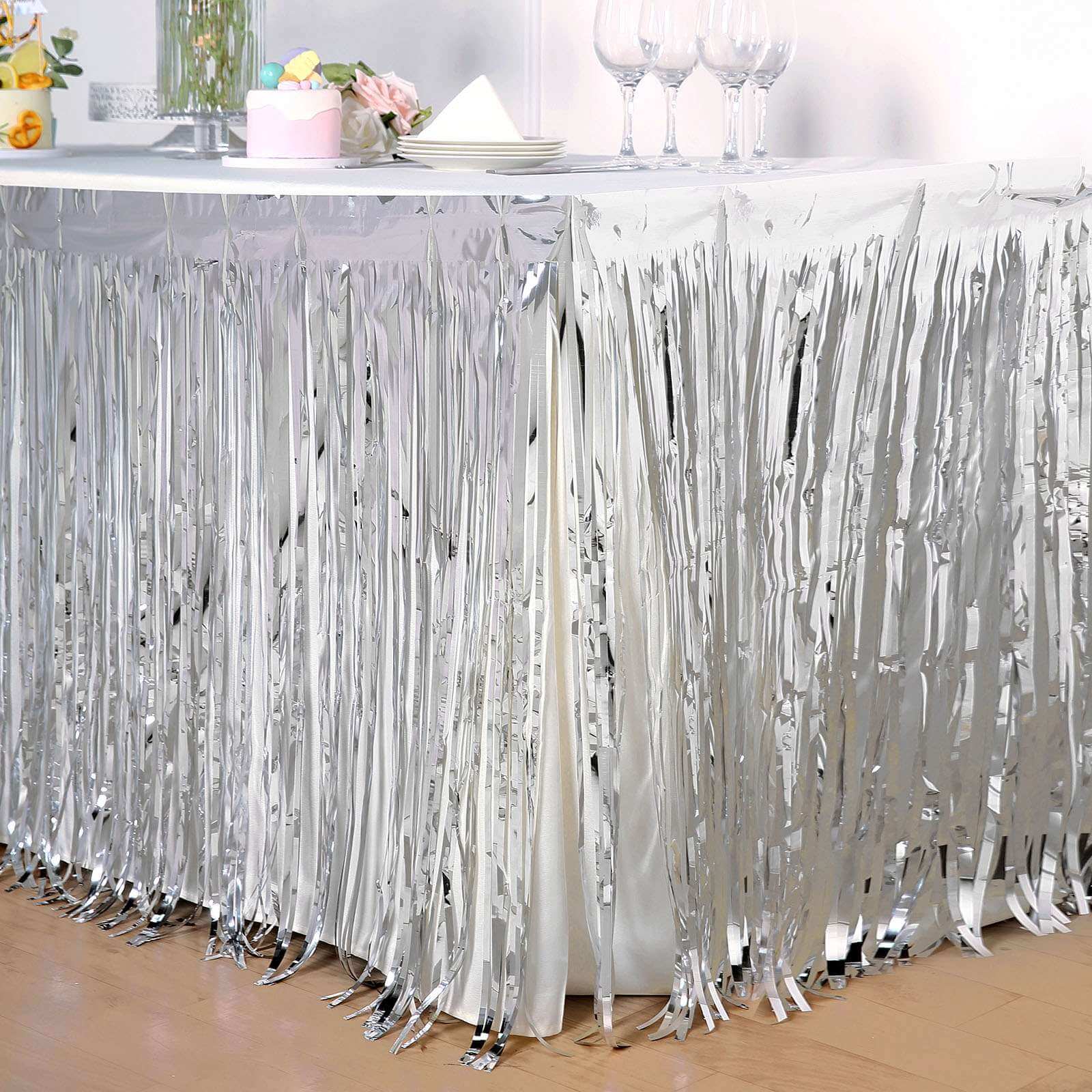 Metallic Foil Fringe Table Skirt Silver with Self Adhesive Backing - Durable Tinsel Skirt for Parties 30"x9ft