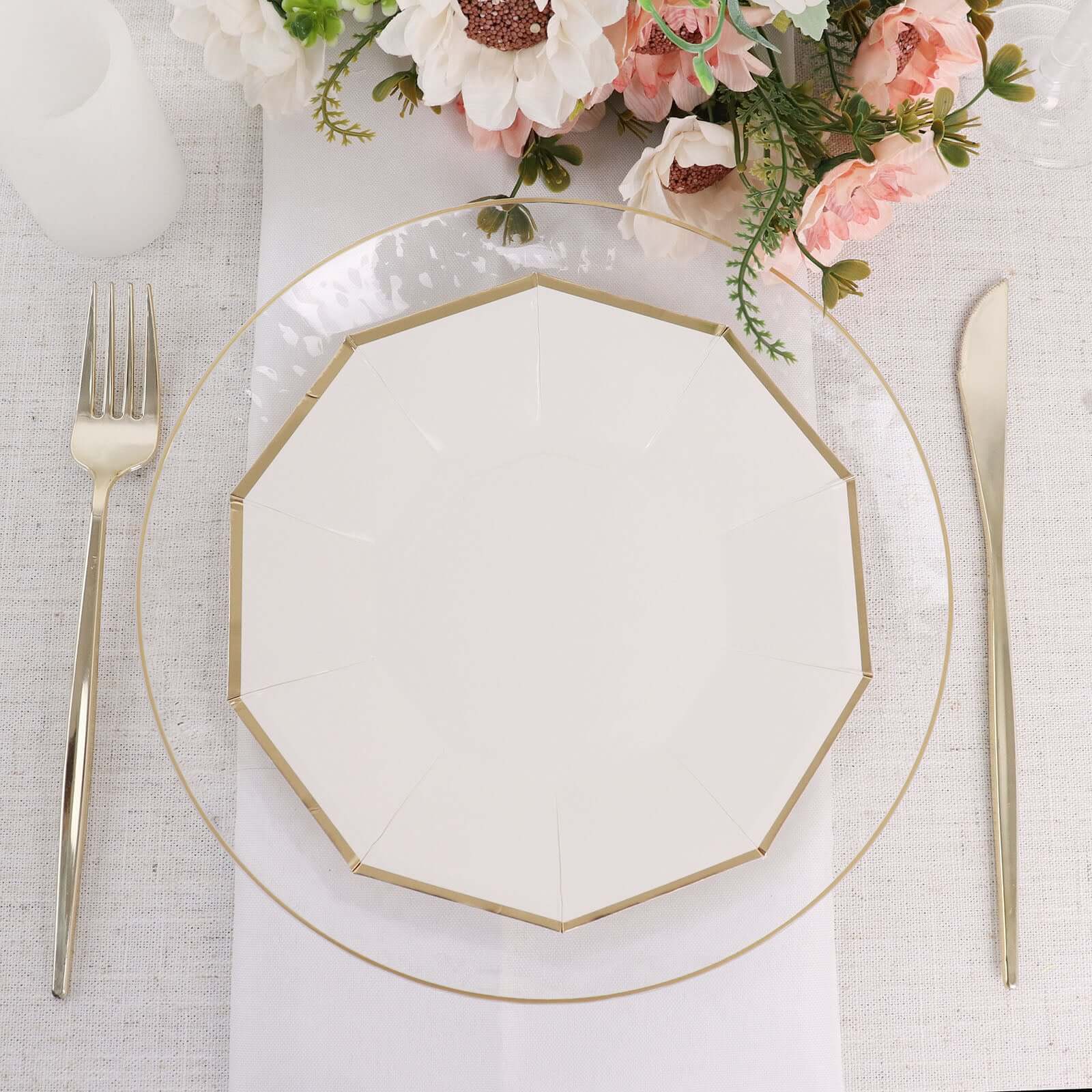 25-Pack Paper 7" Decagon Appetizer Plates in White with Gold Foil Rim - Stylish Geometric Dessert/Salad Plates for Cocktail Parties & Receptions