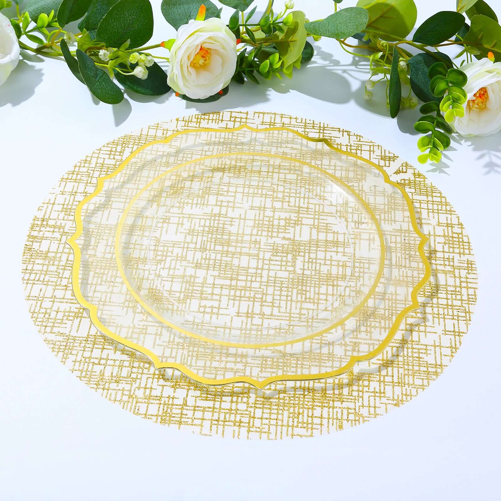 10-Pack Table Placemats Glitter Design Metallic Gold Round - Mesh Polyester Disposable Mats 13"