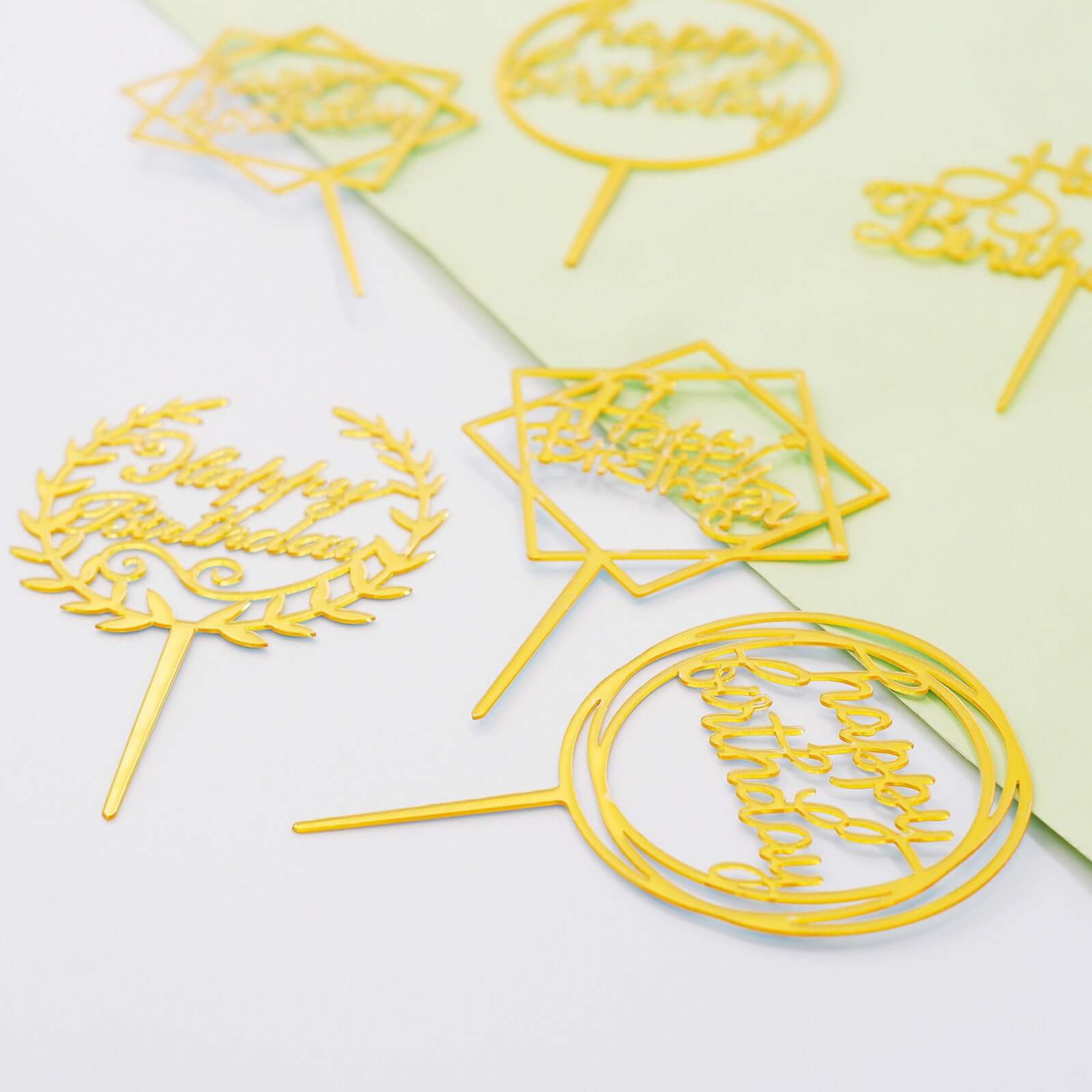 6-Pack Acrylic Happy Birthday Cake Toppers Gold Assorted Styles - Fun Reusable Cake Inserts for DIY Party Decoration Supplies