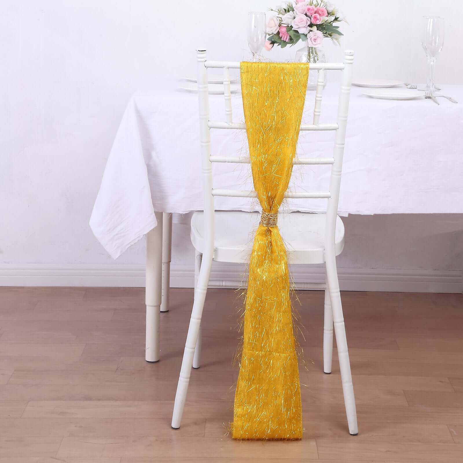 5 Pack Polyester Chair Sashes Gold Metallic Tinsel Fringe - Easy to Use Sparkly Chair Bows 6"x108"