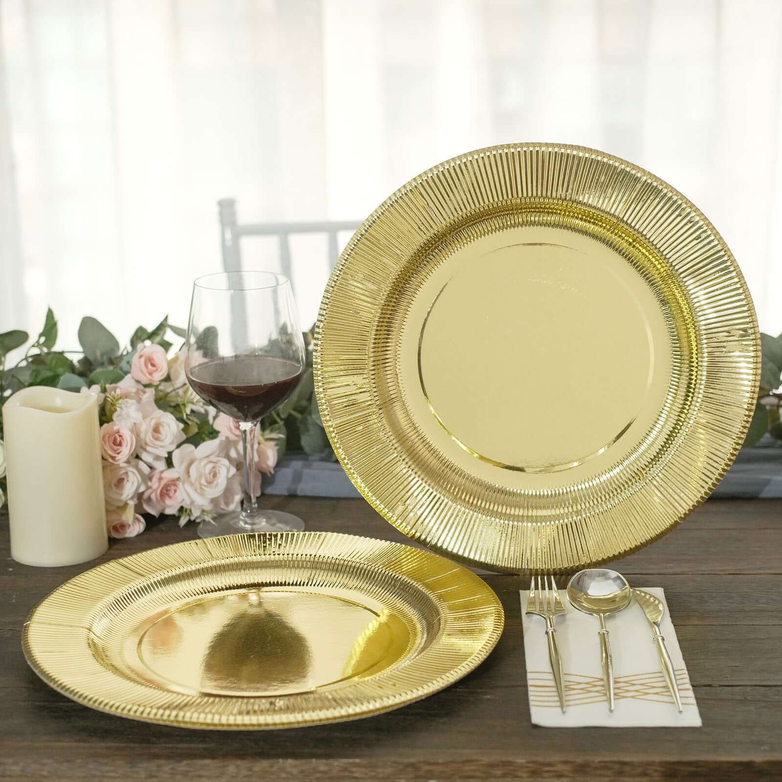 25-Pack Paper 10" Round Dinner Plates in Metallic Gold Sunray Design - Disposable Heavy Duty 350GSM Party Plates