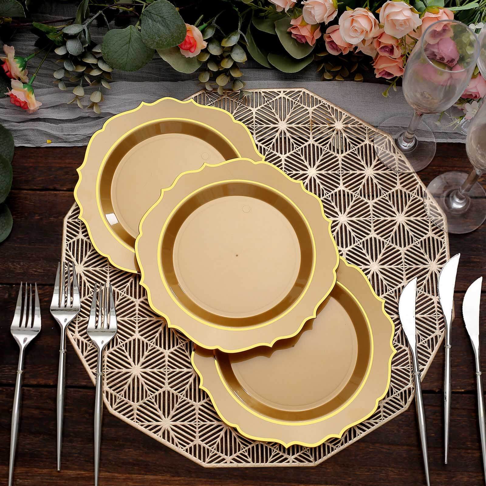 10-Pack Plastic 8" Round Dessert Plates in Gold with Gold Scalloped Rim - Disposable Appetizer/Salad Plates