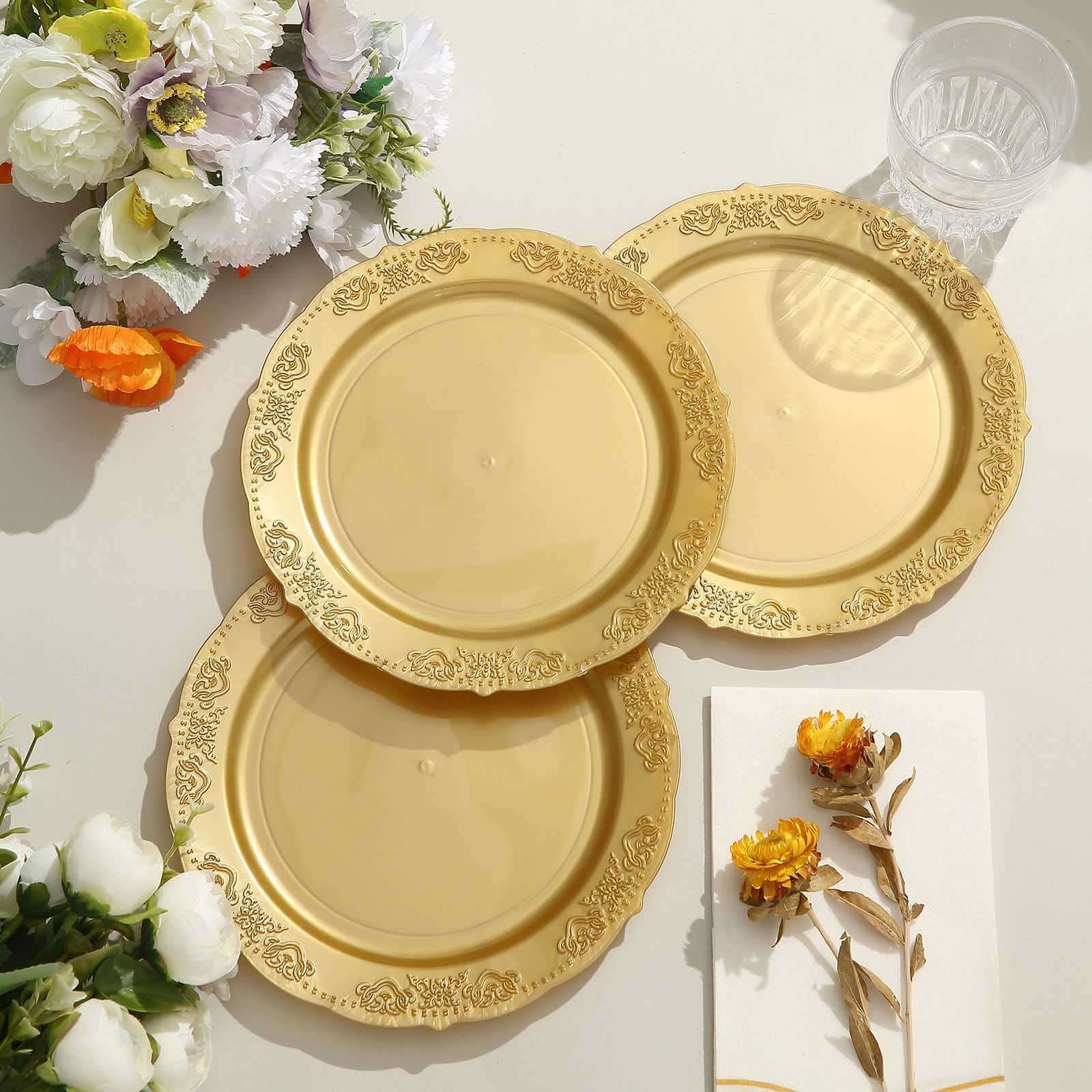 10-Pack Plastic 7.5" Round Appetizer Plates Gold Embossed Scalloped Edge - Chic Disposable Salad Plates for Special Occasions & Banquets