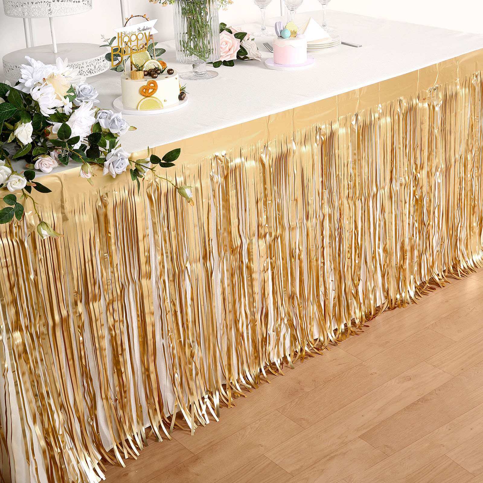 Metallic Foil Fringe Table Skirt Matte Gold with Self Adhesive Backing - Durable Tinsel Skirt for Parties 30"x9ft