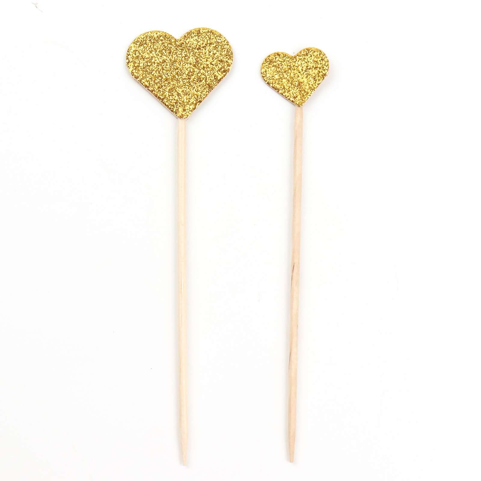 24-Pack Cupcake Topper Picks Heart Shaped Design Glitter Gold - Party Cake Toppers 4.5", 4"