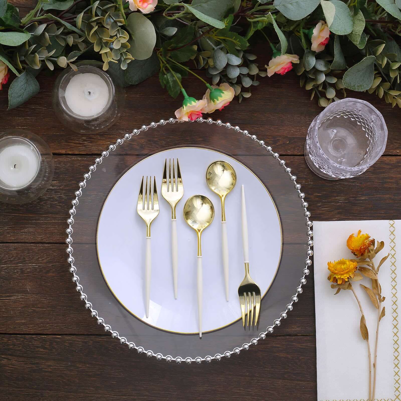 24-Pack Plastic Fork and Spoon Set Gold/Ivory - Heavy Duty Disposable Modern Utensils 6"