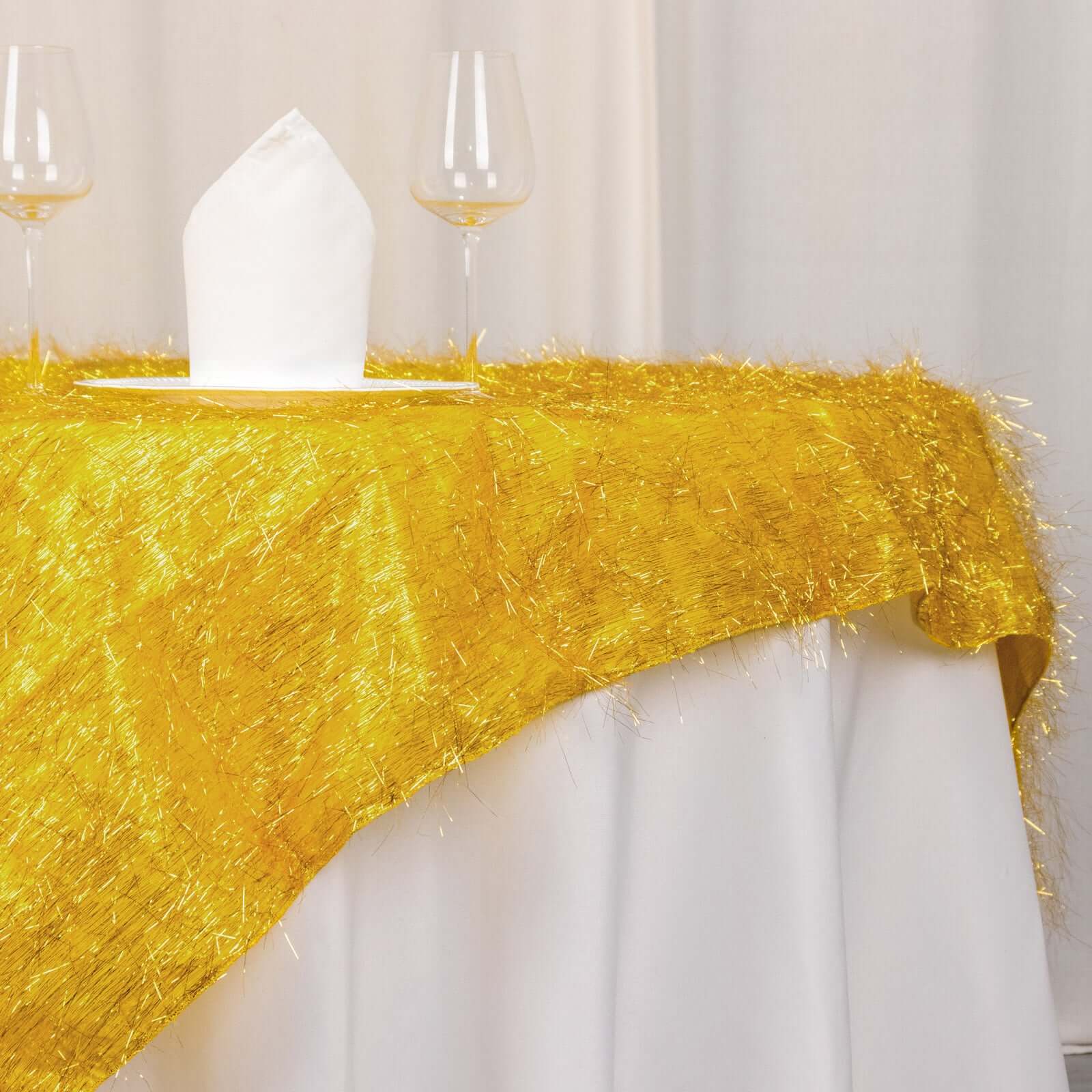 Polyester 72"x72" Table Overlay Square Tablecloth Gold - Metallic Fringe Shag Tinsel Design for Luxe Events
