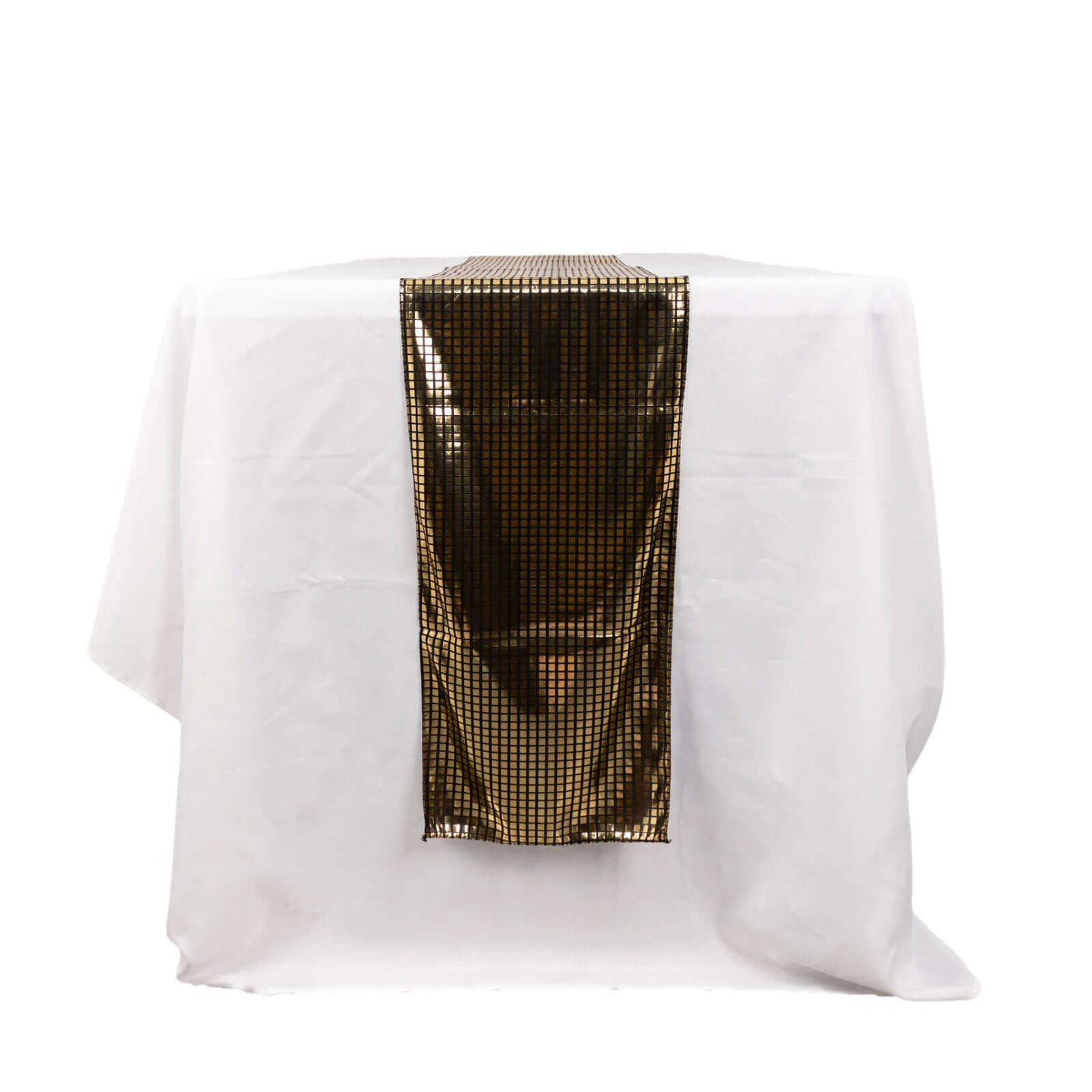 Mirror Foil Polyester 12"x108" Table Runner Black with Gold Metallic Square - Shiny Disco Theme Party Table Decor