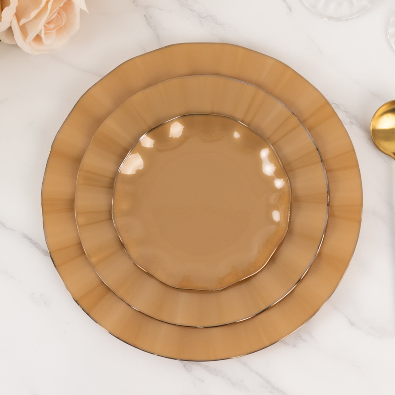 10-Pack Plastic Round 6" Dessert Plates in Gold with Ruffled Rim - Sturdy Disposable Salad Appetizer Dinnerware for Classy Events & Banquets