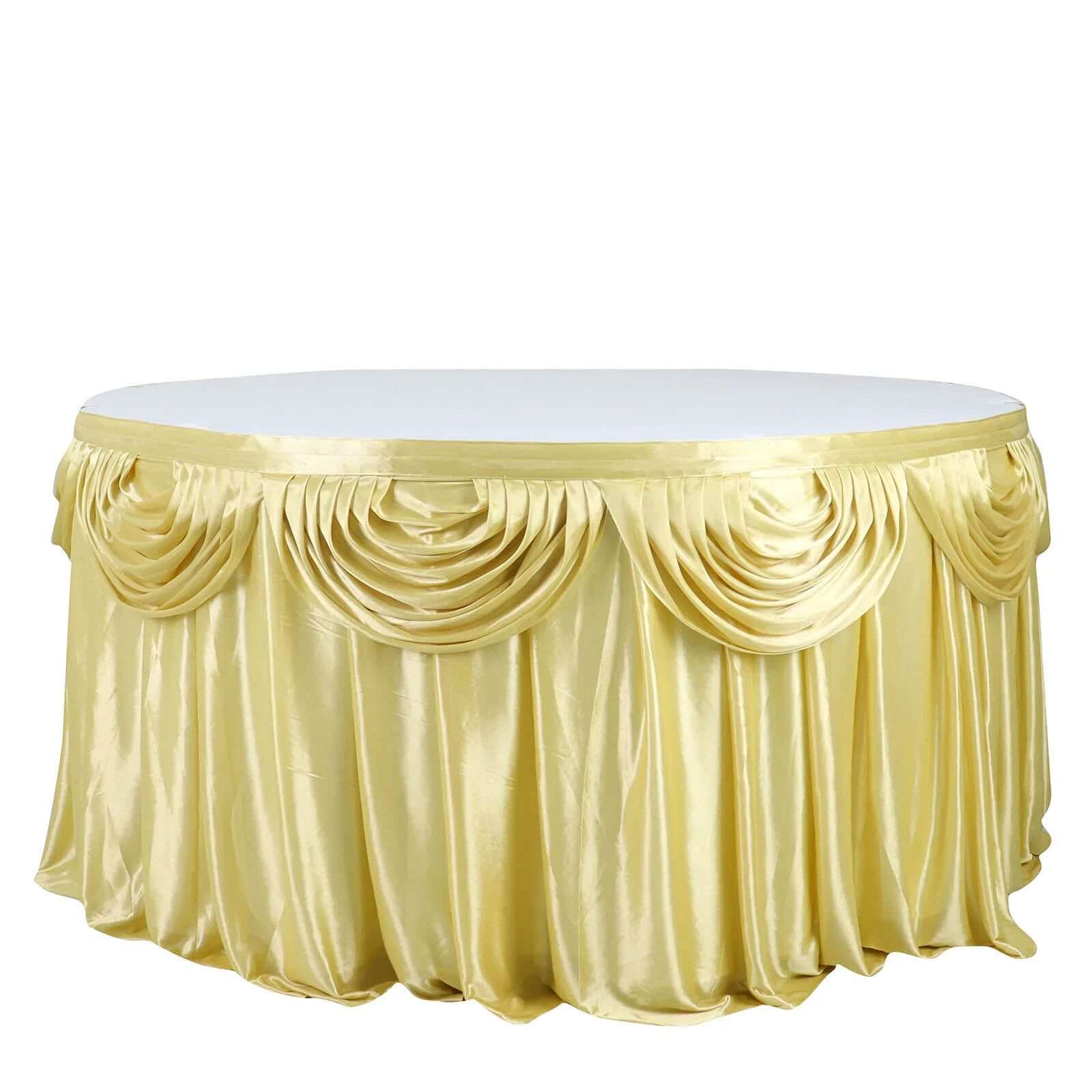 Satin 14ft Table Skirt Champagne - Pleated Double Drape Table Cover