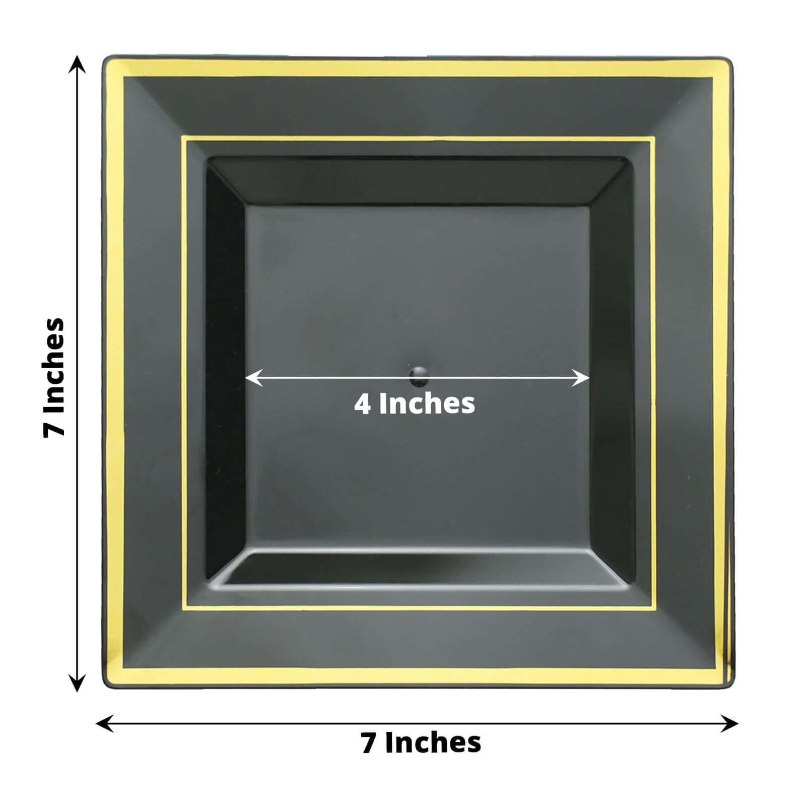 10-Pack Plastic Salad Dessert Plates Black Square with Gold Trim - Durable Disposable Appetizer Plates 7"