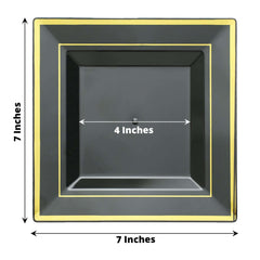 10-Pack Plastic Salad Dessert Plates Black Square with Gold Trim - Durable Disposable Appetizer Plates 7"