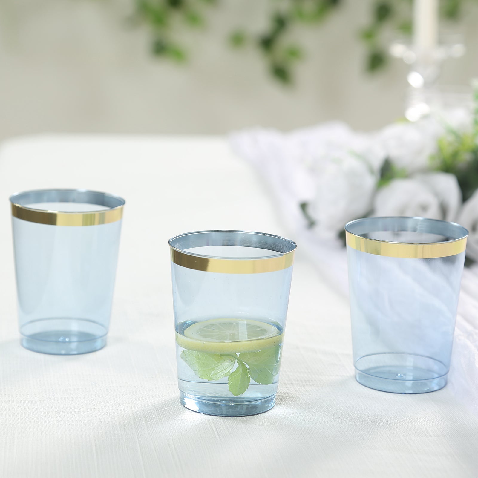 25-Pack Plastic Tumbler Cups Transparent Dusty Blue with Gold Rim - Stylish Disposable Party Glasses 10oz