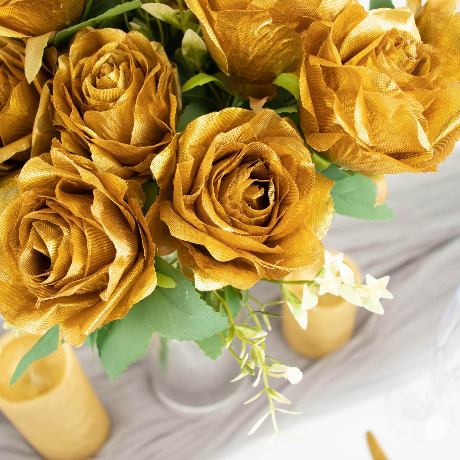 2 Bushes 18" Real Touch Gold Artificial Rose Flower Bouquet, Silk Long Stem Flower Arrangements